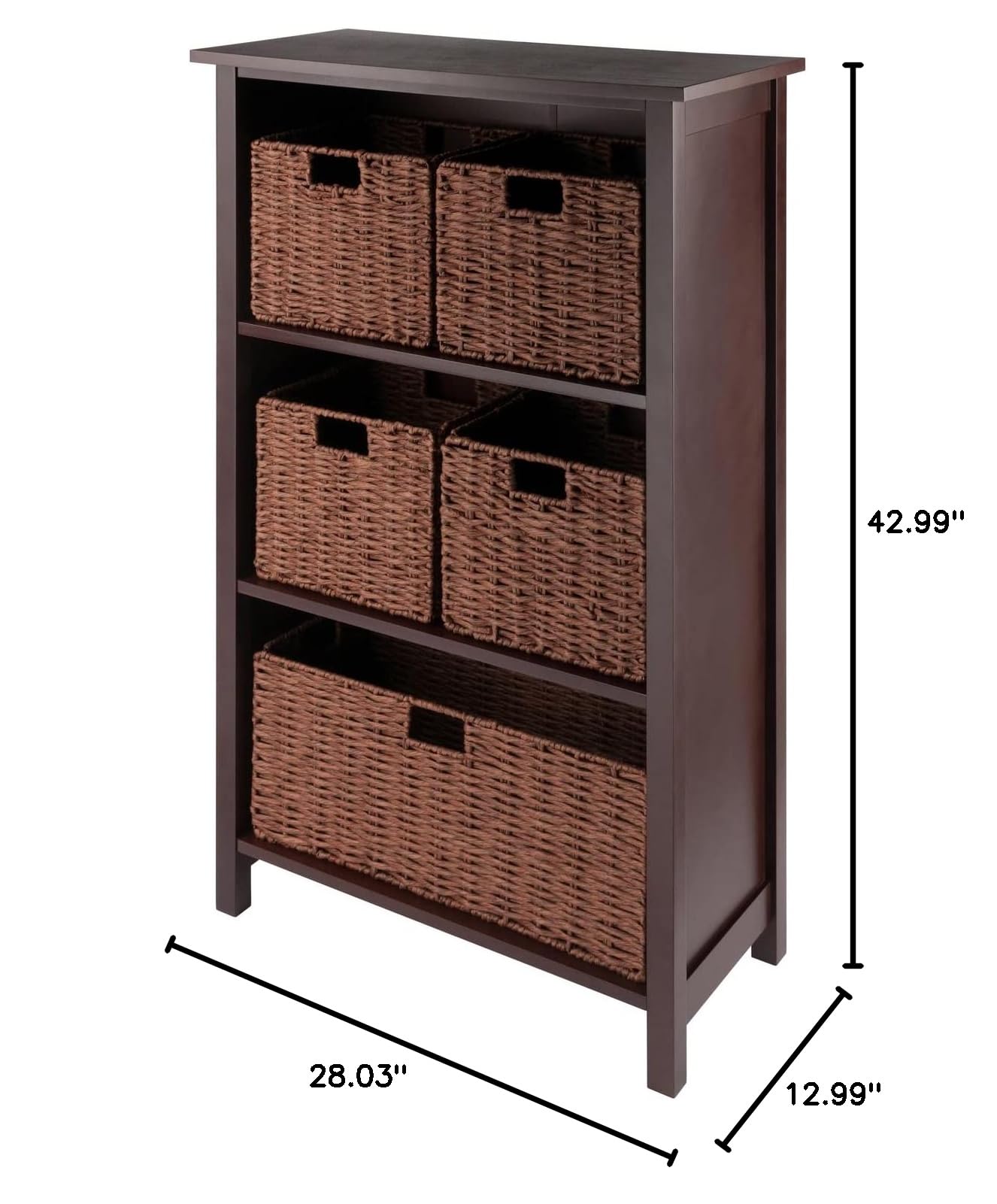 Winsome Wood Milan 6-Piece Storage Shelf with 5 Foldable Woven Baskets - Walnut Finish | Organizer for Bedroom, Bathroom, Living Room & Office | Space-Saving Home Decor