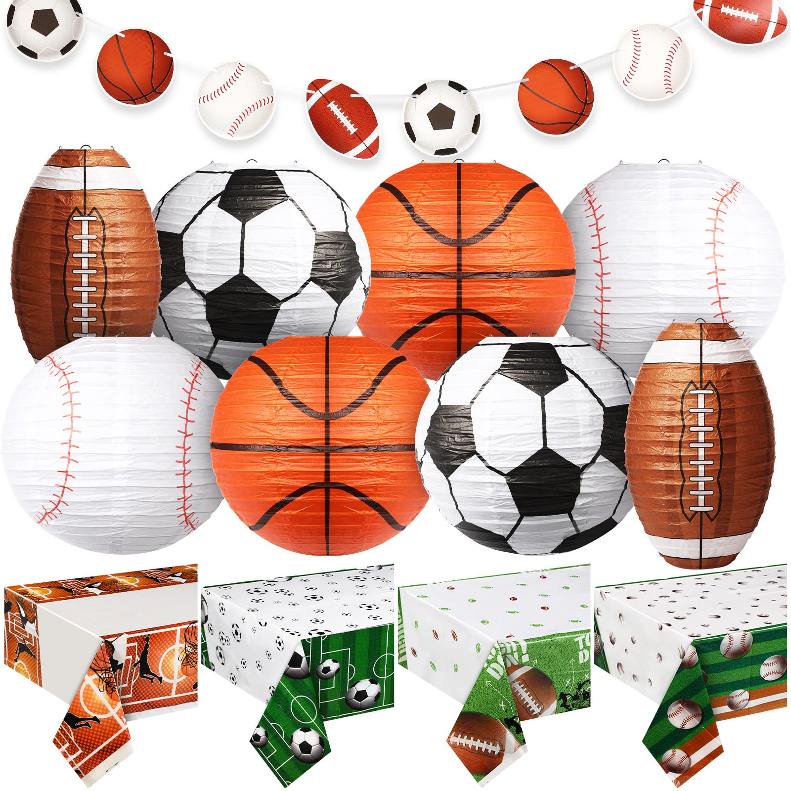 Sports Party Decorations Set - 8 Pcs Hanging Paper Lanterns, 4 Pcs Sports Table Covers (Basketball, Baseball, Football, Soccer), 2 Pcs Themed Banners - Perfect for Birthday Parties, Game Day Events & Team Celebrations