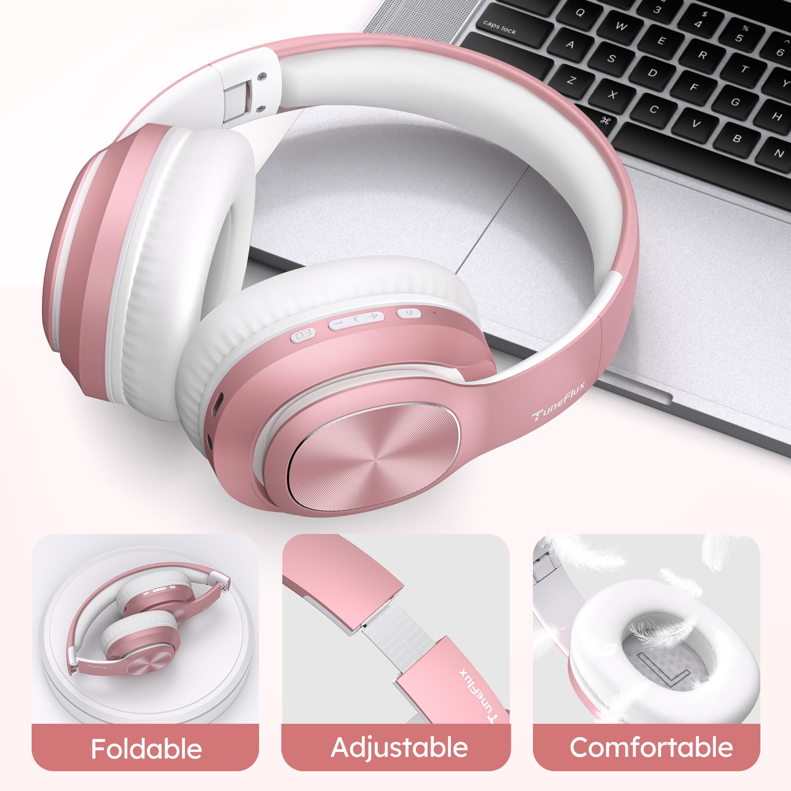 TuneFlux Wireless Bluetooth Over Ear Headphones with 80H Playtime, 3EQ Sound Modes, HiFi Stereo & Deep Bass - Foldable Bluetooth 5.3 Headset for Smartphone, PC, Laptop - Rose Gold | Perfect for Travel, Workouts & Home Office Use