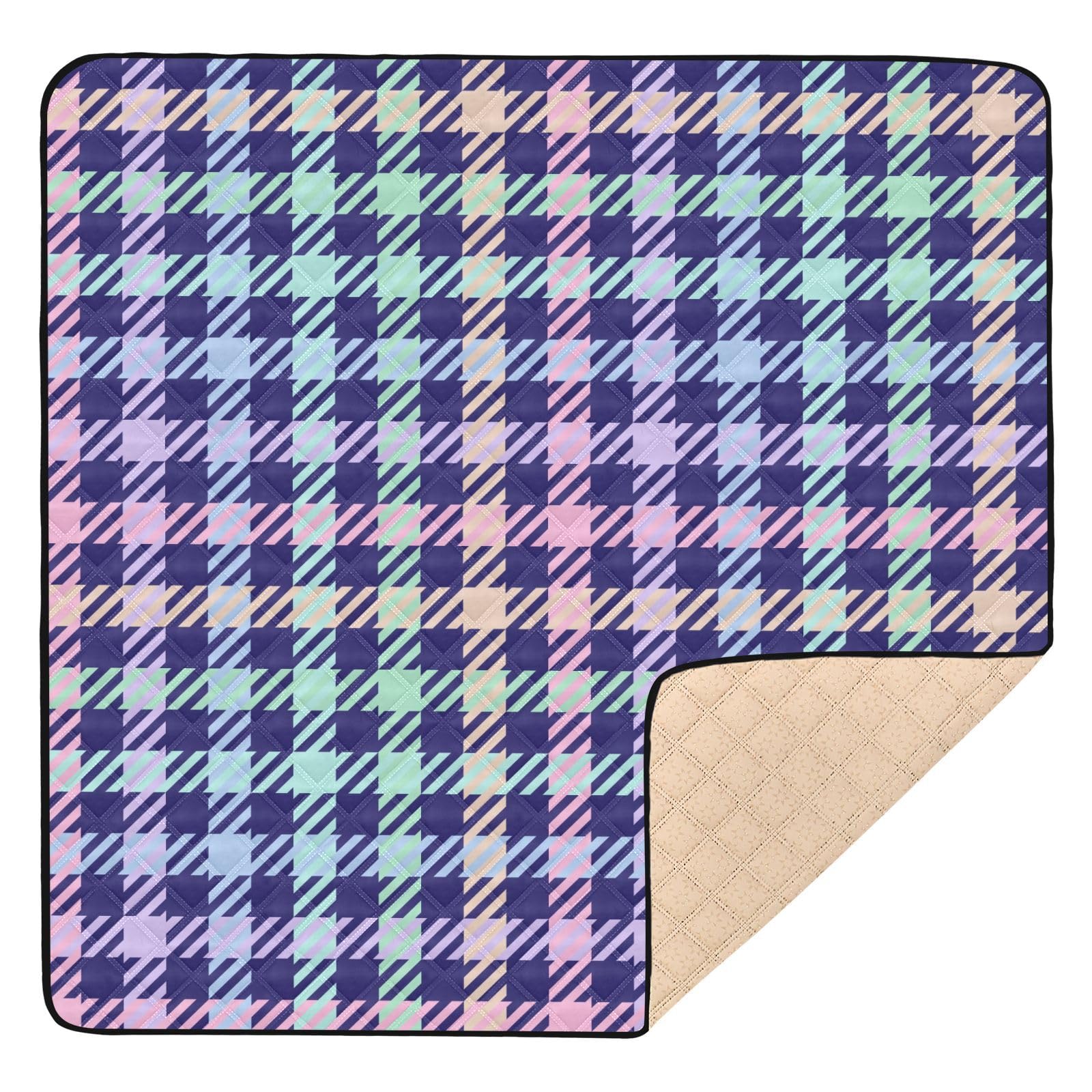 Pastel Rainbow Plaid Navy Baby Playmat - 50'' x 50'' Large Soft Crawling Mat for Infants & Toddlers | Waterproof, Breathable & Non-Slip | Perfect for Nursery, Playroom, Daycare & Outdoor Use