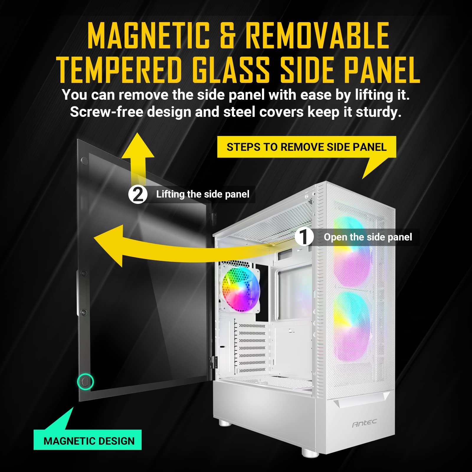 Antec NX410 White ATX Mid Tower PC Case with Tempered Glass Side Panel - 2x140mm Front & 1x120mm ARGB Rear Fans Pre-Installed - Gaming Computer Case for Home & Office Builds