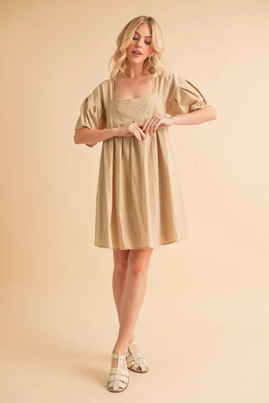 Beige Babydoll Dress with Pockets - Flowy Short Sleeve Loose Fit Mini Dress for Women | Perfect for Summer, Beach, Date Night & Casual Outings