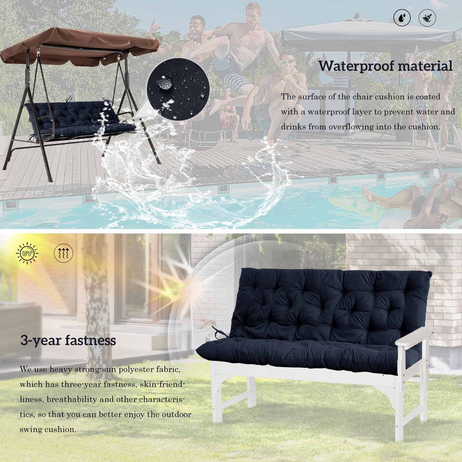 **Thick Waterproof Outdoor Swing Cushion with Backrest - Replacement Bench Cushion for 2/3 Seater Porch Swings (Navy Blue, 40 x 48 Inch) - Perfect for Patio, Garden & Backyard Relaxation**