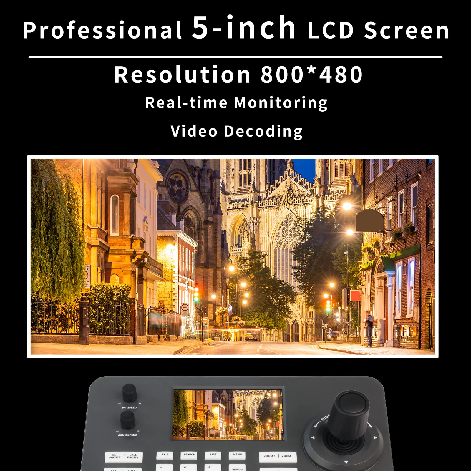 PTZ Camera 4D Joystick Controller with PoE | 5-Inch LCD Network Keyboard | H.264/H.265 Decoding | Compatible with Dome Security IP Cameras | Ideal for Surveillance Control Rooms & Security Monitoring