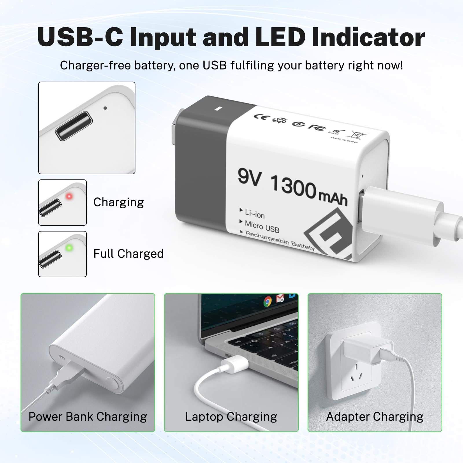 9V Rechargeable Lithium-ion Batteries 8 Pack - 1300mAh High Capacity, 2-in-1 USB-C Fast Charging for Smoke Detectors, Alarms, Microphones & More | Long Lasting Power for Home Security, Music Equipment & Electronic Devices