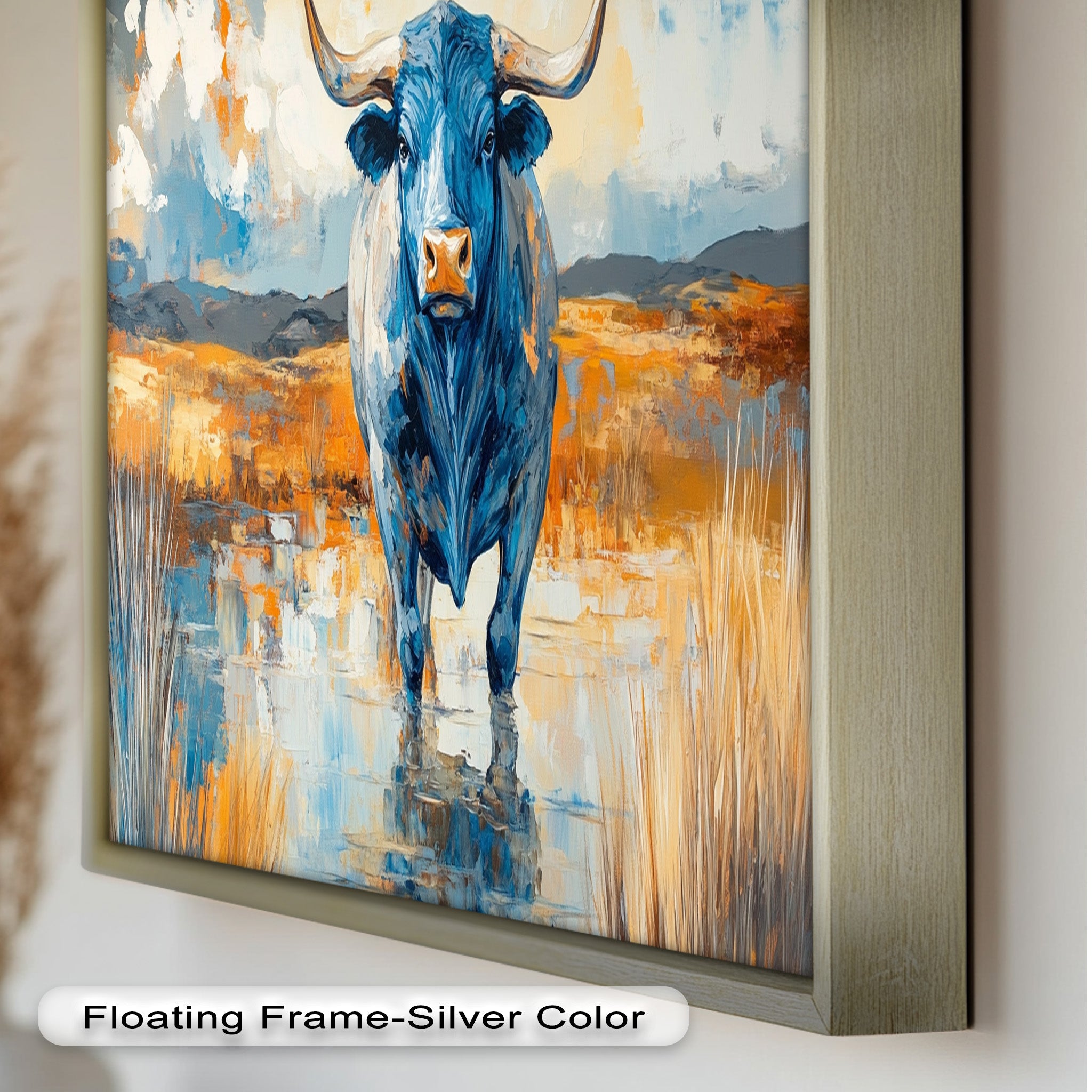 Blue Desert Bull - Hand Painted Animal Oil Canvas Artwork | Western Wildlife Decor for Living Room, Bedroom & Office