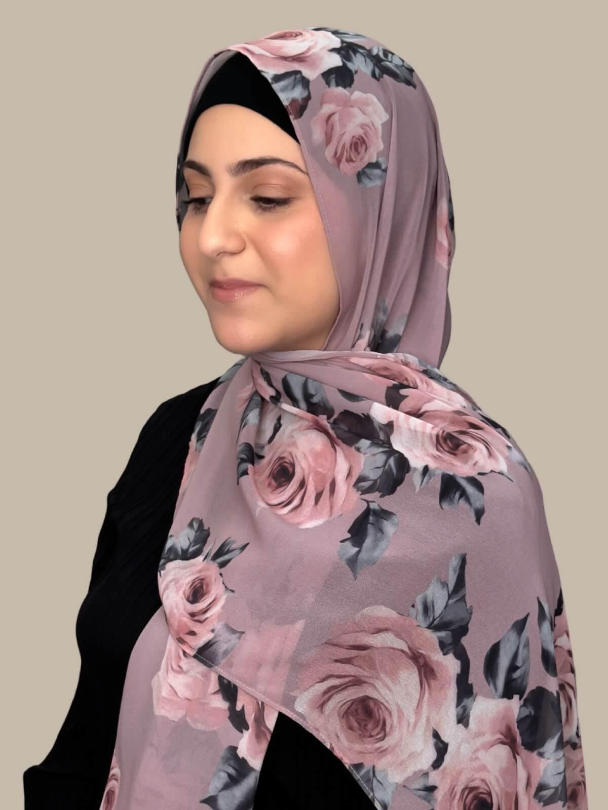 Elegant Printed Chiffon Hijab for Women - Neutral Rosette Design - Perfect for Daily Wear, Work & Special Occasions