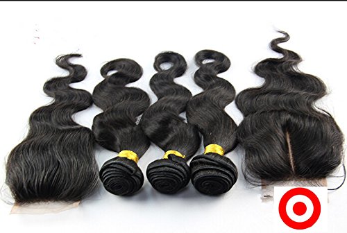 Junhair? 4Pcs/lot Virgin Cambodian Remy Human Hair Extensions - 3 Bundles (Mixed Lengths) + 1pc 4x4 Lace Closure - Body Wave Natural Black Hair for Women | Perfect for Daily Styling, Parties & Special Occasions