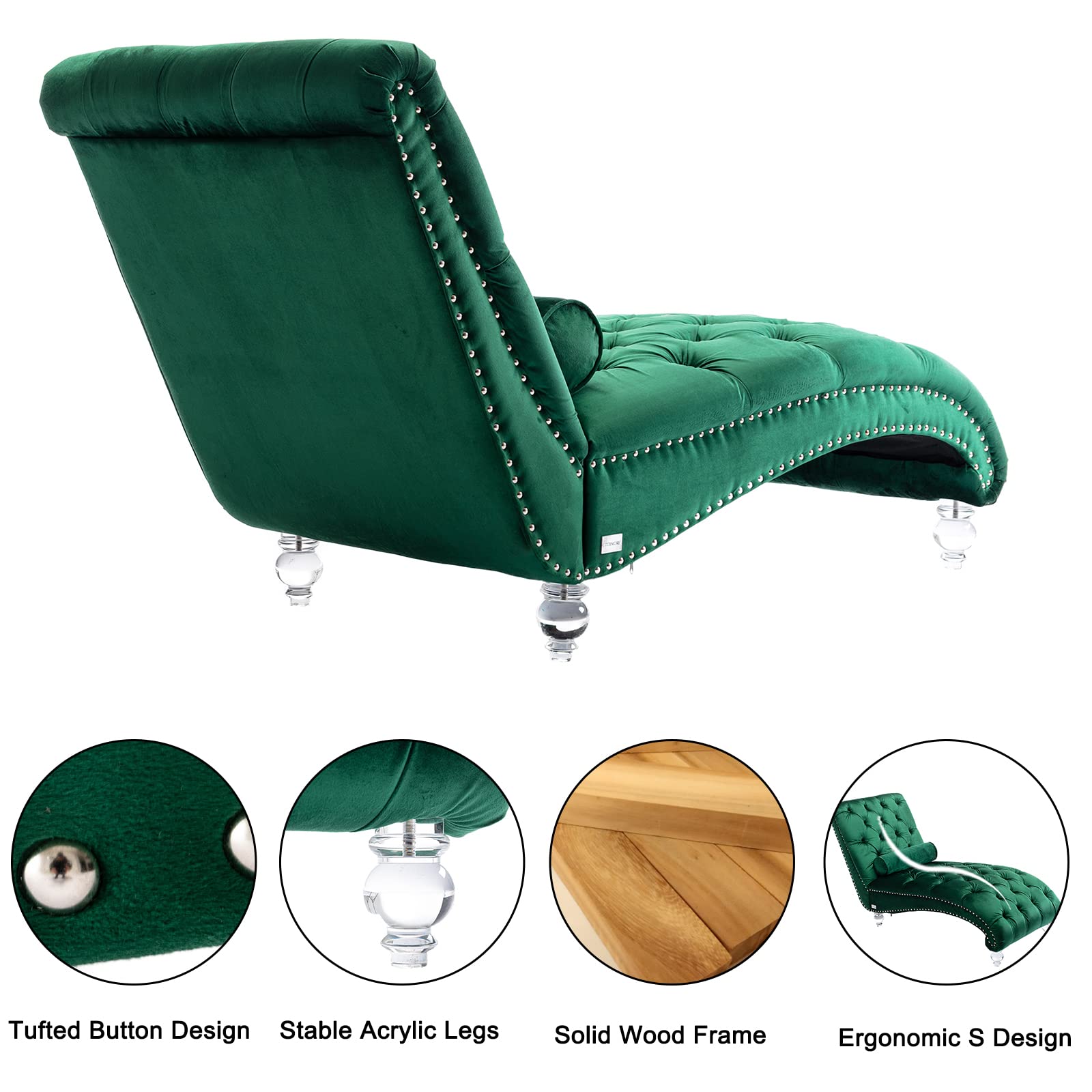 Velvet Chaise Lounge Chair with Tufted Buttons & Toss Pillow - Upholstered Modern Sofa with Acrylic Feet for Living Room, Bedroom, Office - Emerald Green Lounge Chair for Relaxing, Reading & Napping