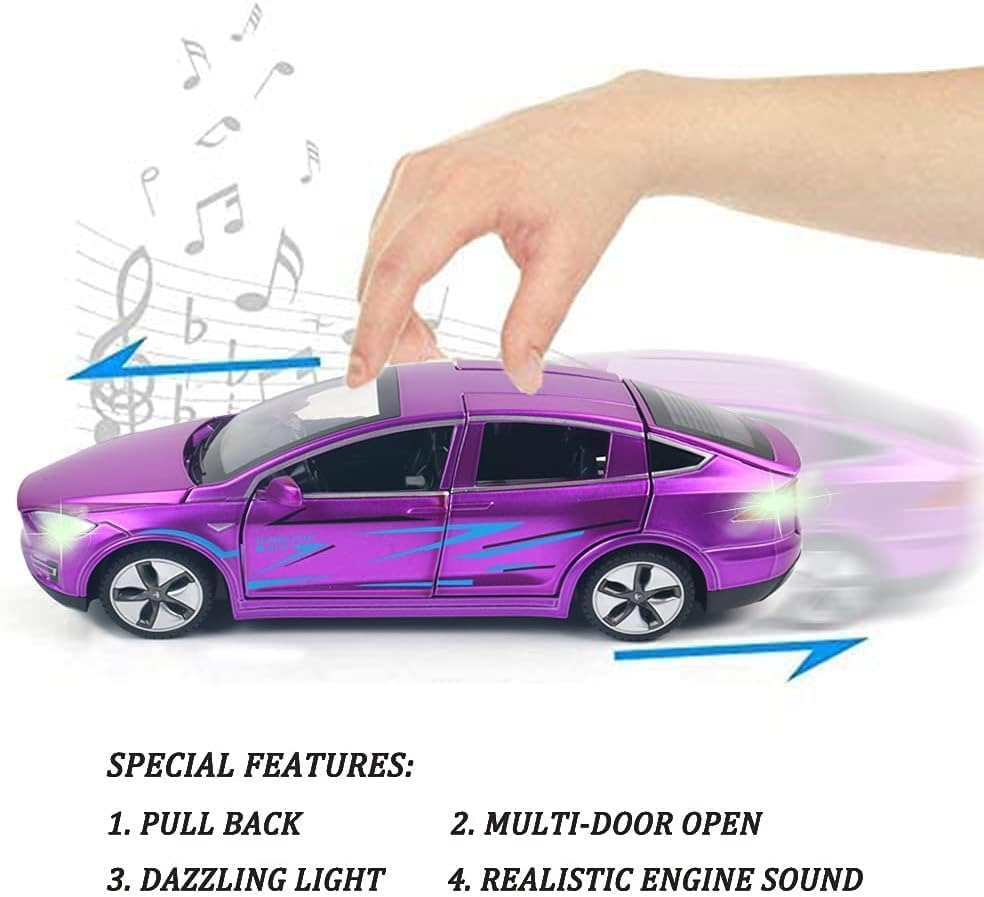 1:32 Scale Alloy Diecast Pull Back Car Model X with Lights & Sound - Mini Electronic Toy Vehicles for Kids, Collectors & Car Lovers (Purple) - Perfect for Birthday Gifts, Playtime & Display Collection