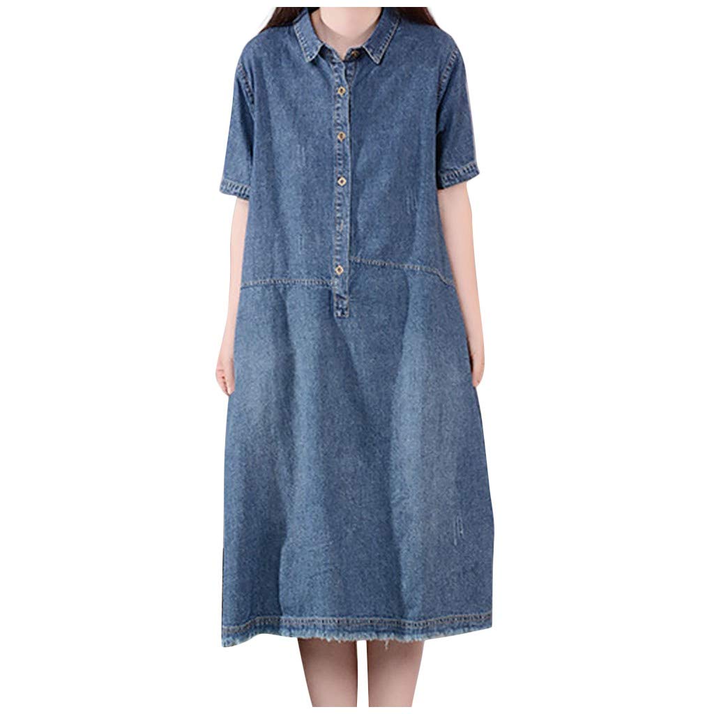 Vintage Women's Blue Denim Shirt Dress - Short Sleeve Button Up Shift Dress for Casual Outings, Summer Wear & Boho Style Fashion