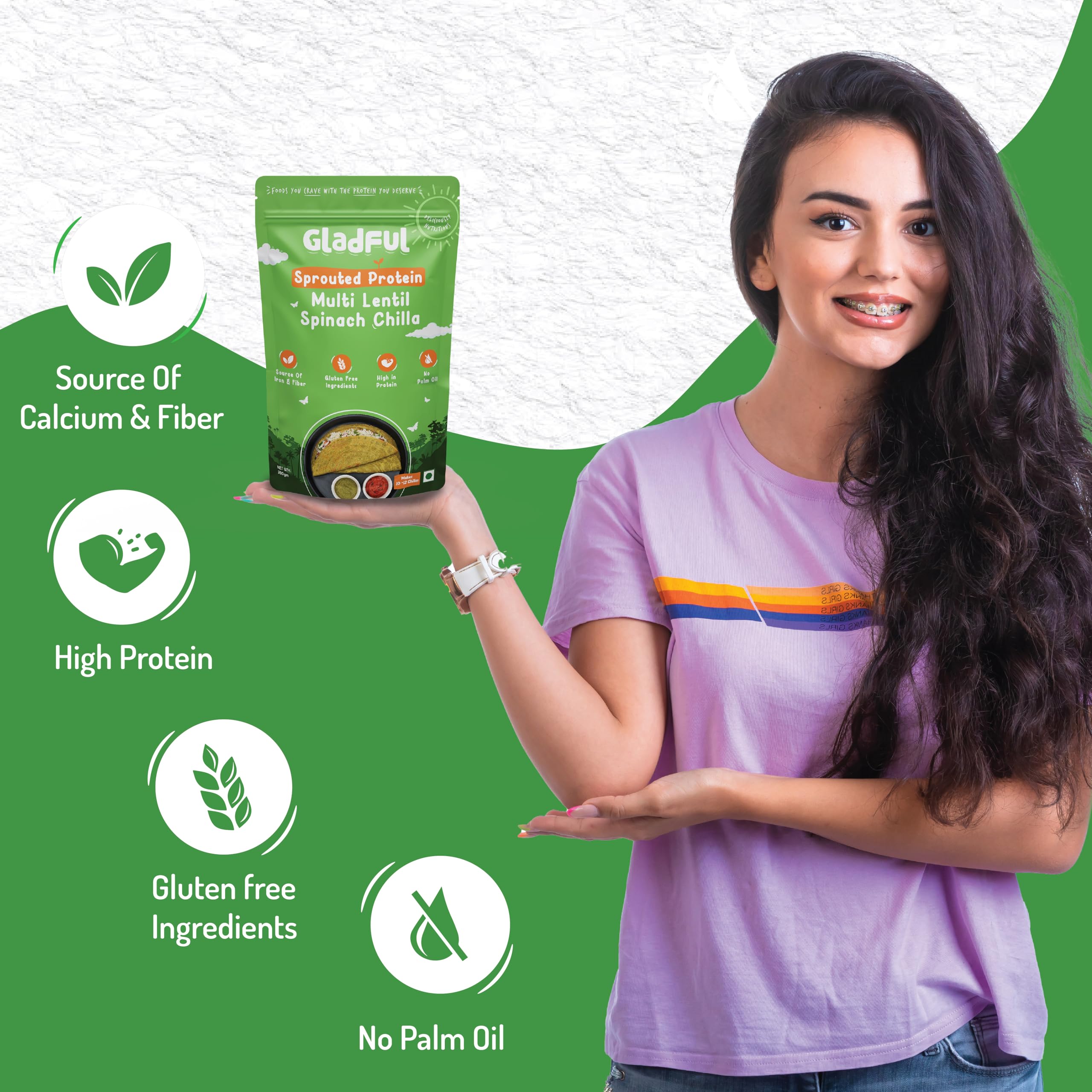 Gladful Sprouted Protein Spinach Instant Chilla Mix - Gluten Free, High Protein & Fiber Rich Healthy Food - 200g (Pack of 1) - Perfect for Breakfast, Vegan Diet & Weight Loss