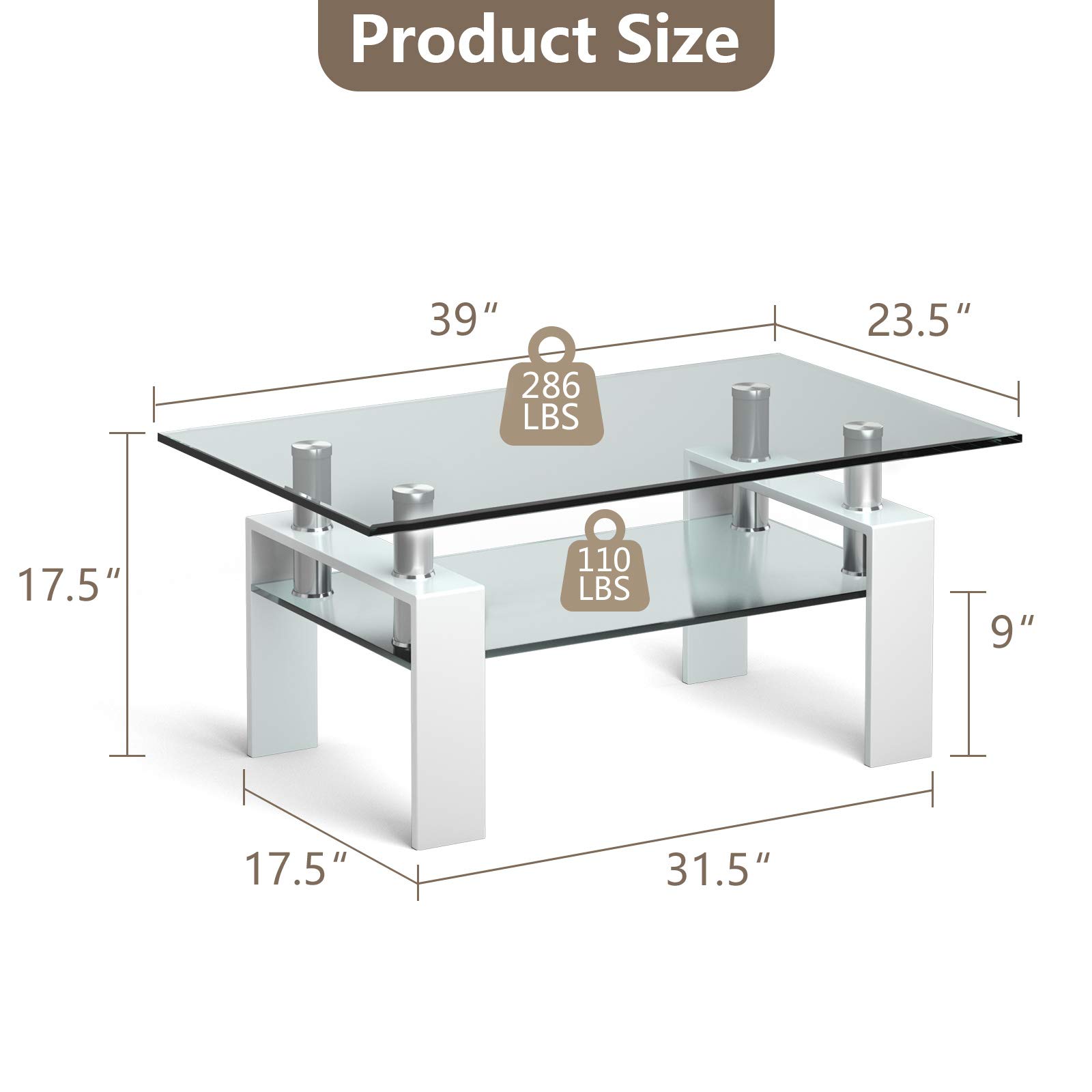 Tangkula Modern Rectangular Glass Coffee Table with Lower Shelf - Tempered Glass Top & Sturdy Metal Legs - Perfect for Living Room, Office, or Lounge (White)