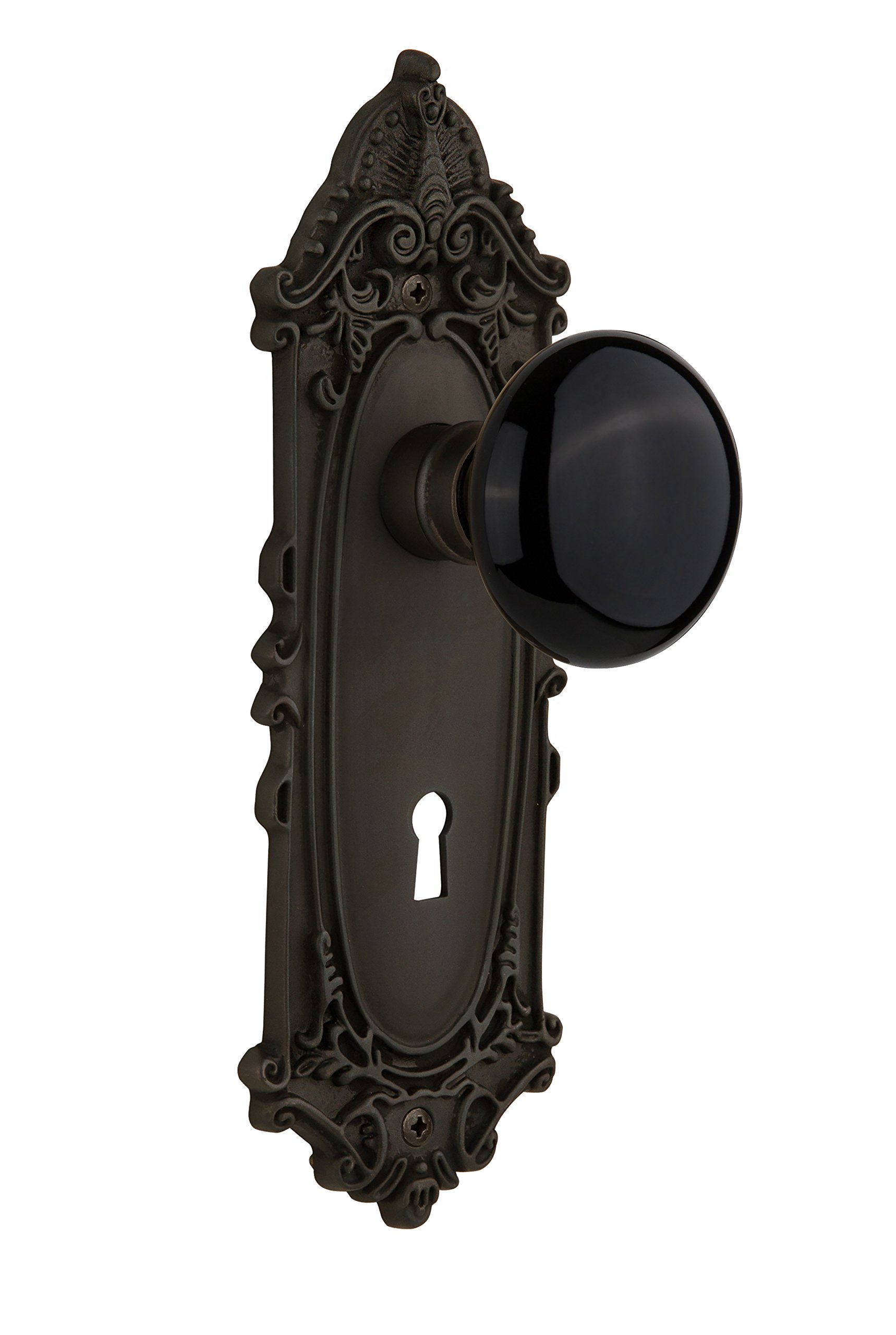 Nostalgic Warehouse 710188 Single Dummy Oil Rubbed Bronze Victorian Plate with Keyhole Black Porcelain Knob - Vintage Door Hardware for Home Restoration & Interior Design