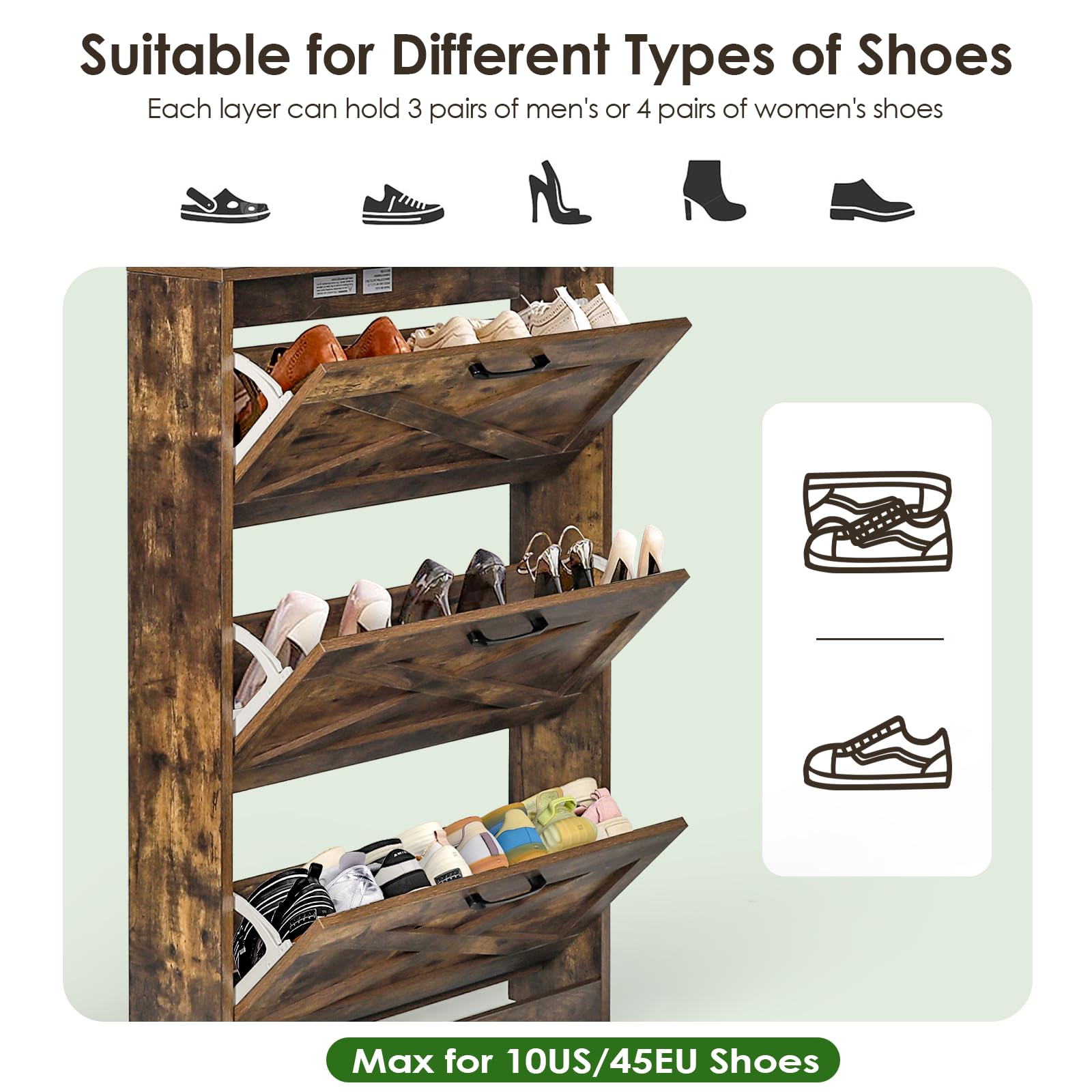 HOPUBUY 3-Tier Narrow Shoe Storage Cabinet - Hidden Rattan Wooden Shoe Rack for Entryway, Hallway, Apartment & Home Organization - Rustic Brown Slim Shoe Shelf for Small Spaces & Clutter-Free Living