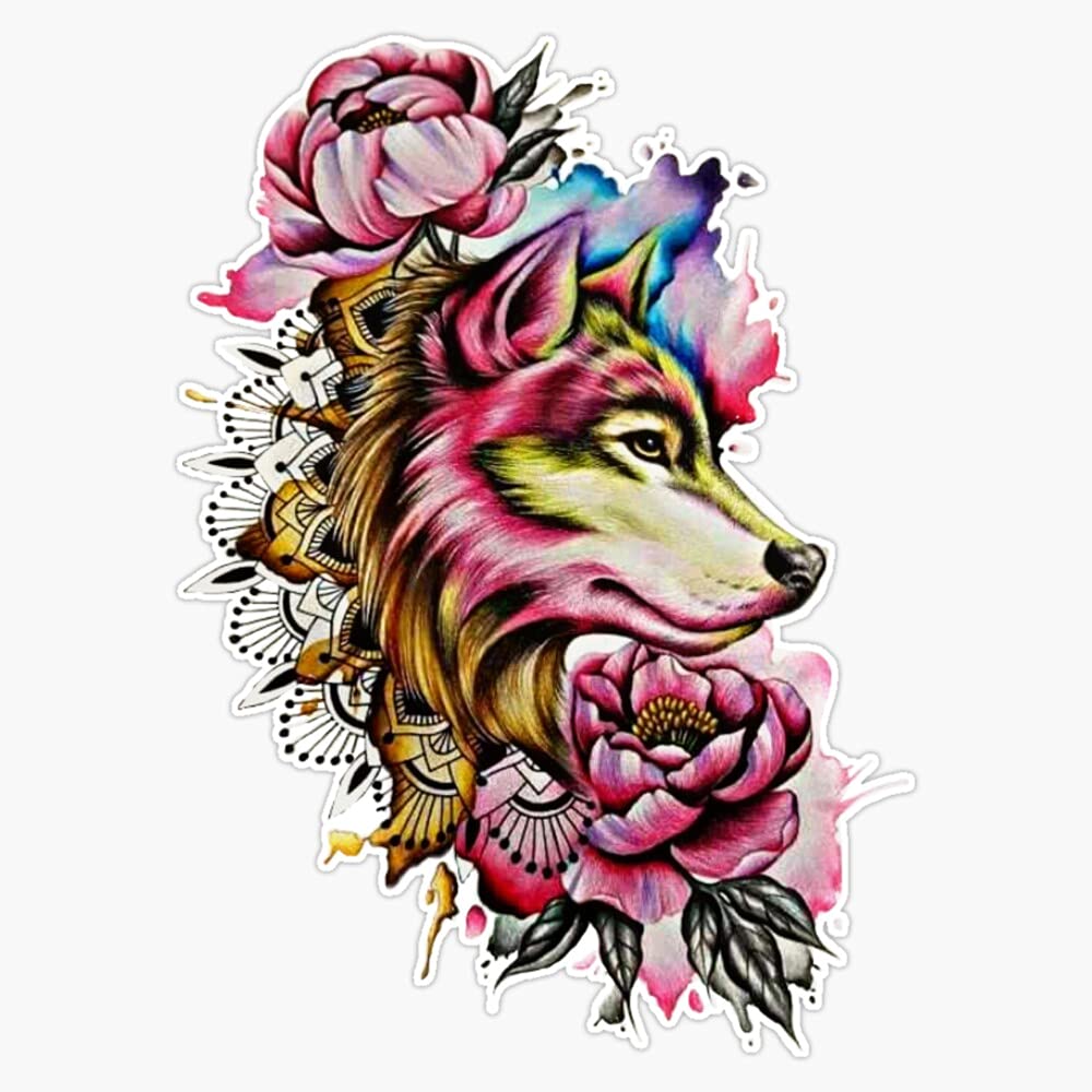 Wolf Flowers Vinyl Sticker - Waterproof Decal for Laptop, Bumper, Window (5 Inch) - Perfect for Cars, Laptops, Water Bottles & DIY Projects