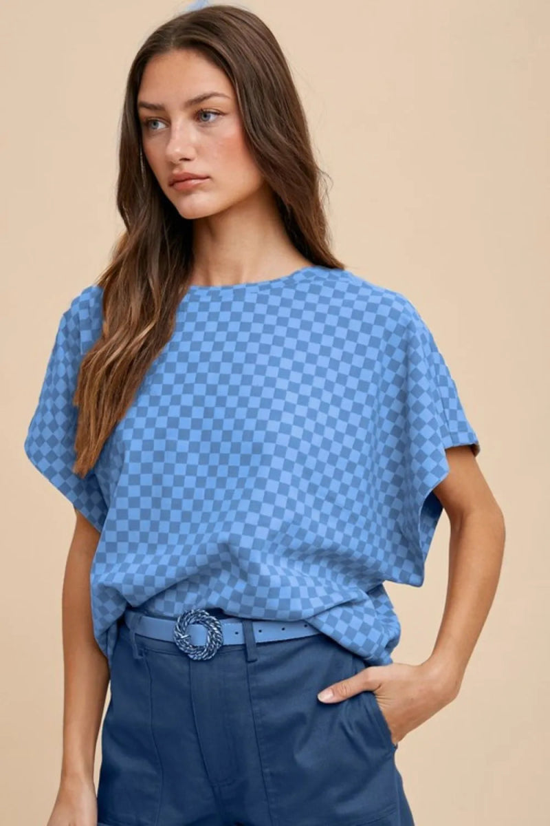 Annie Wear Women's Checkered Round Neck Short Sleeve T-Shirt - Casual Summer Top for Outfits, Streetwear & Everyday Wear