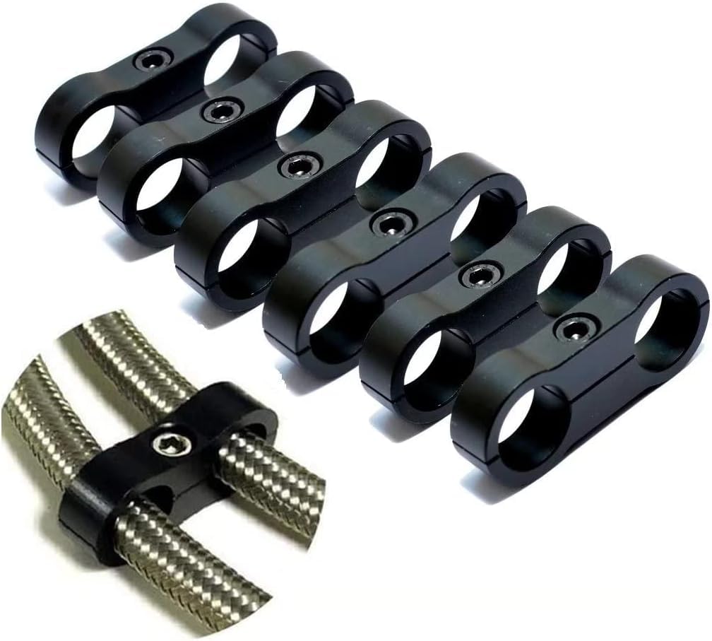 4AN Black Aluminum Hose Clamp Separator - Fuel, Oil, Brake, Water & Gas Line Adapter (6-Piece Pack) for Automotive, Marine & Industrial Applications