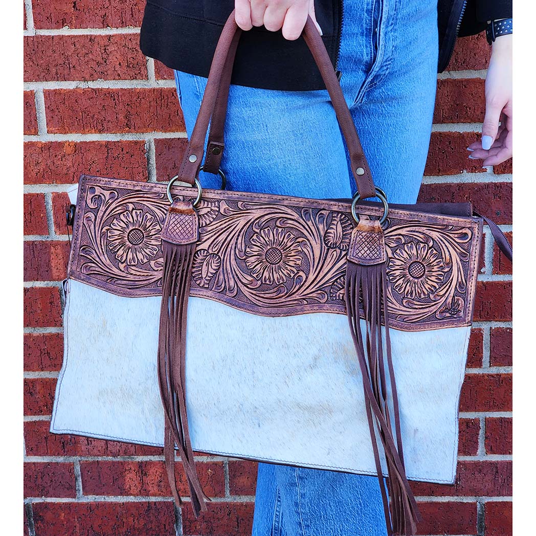 American Darling Large Tooled Leather & Cowhide Tote Bag - Stylish Handmade Genuine Leather Purse for Women - Perfect for Work, Travel & Everyday Use