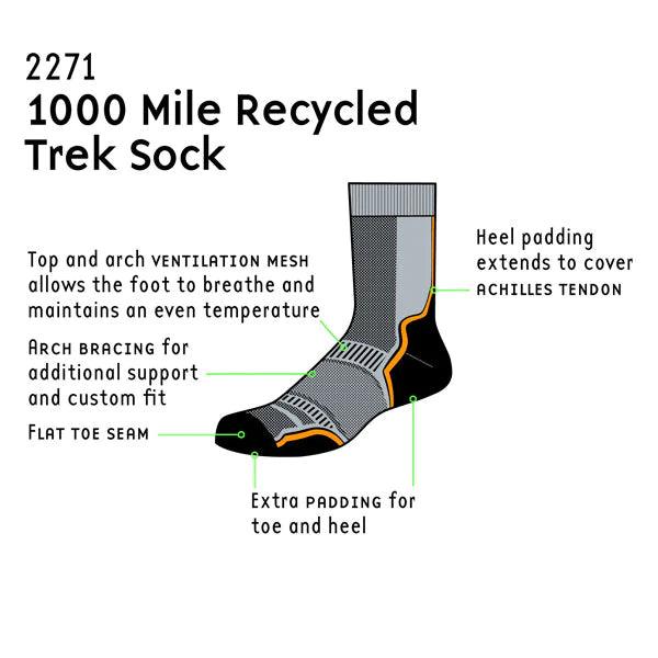 1000 Mile Men's Trek Socks - 2 Pack Moisture-Wicking Hiking Socks with Repreve Recycled Fiber for Outdoor Adventures & Daily Wear (2271B)