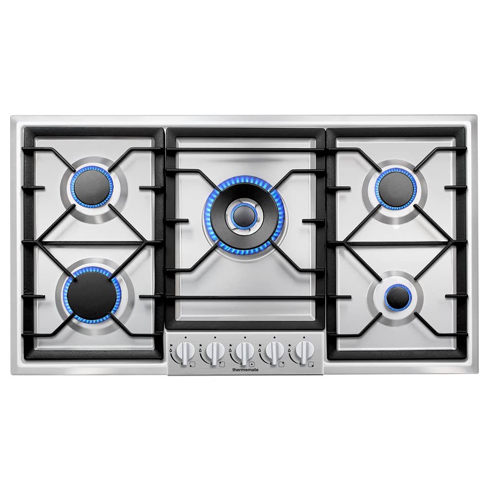ThermoMate 36 Inch Built-In Gas Cooktop - 5 High Efficiency Burners, NG/LPG Convertible Stainless Steel Rangetop with Thermocouple Protection & 120V AC - Perfect for Home Kitchen, Restaurant & Outdoor Cooking