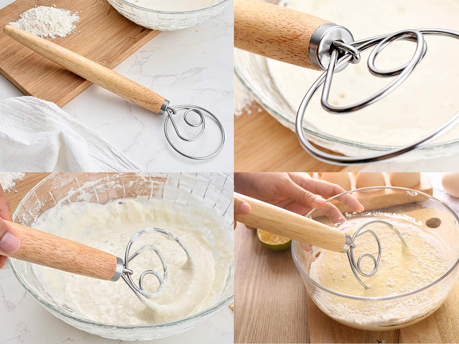 Stainless Steel Danish Dough Whisk - Professional Bread Mixer for Pastry, Pizza & Baking | Dutch Style Hand Dough Blender | Ideal for Homemade Bread, Cookies & Cake Mixing