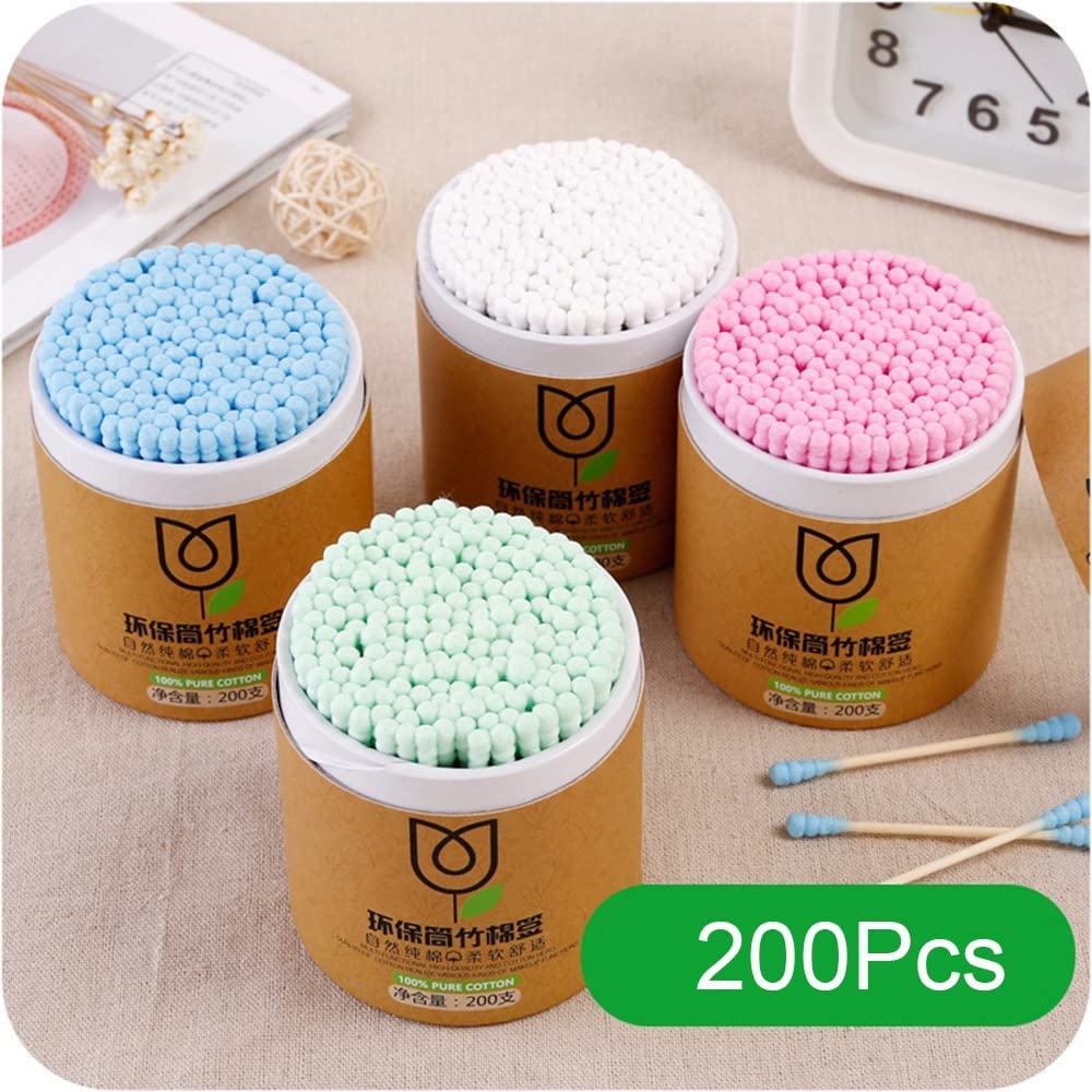 200pcs Disposable Bamboo Cotton Swabs - Round & Pointed Heads, Eco-Friendly Wood Sticks with Soft Cotton Buds for Ear Cleaning, Makeup, Baby Care & First Aid Kit
