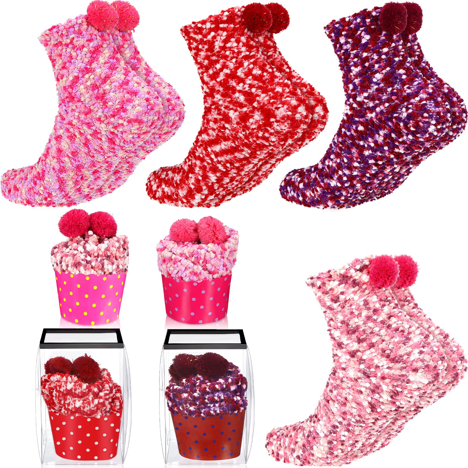 SATINIOR 4 Pairs Valentine's Day Cupcake Socks for Women - Soft Fuzzy Fluffy Socks Set, DIY Birthday Gift for Her, Girlfriend, Daughter | Perfect for Christmas, Anniversary & Cozy Home Wear