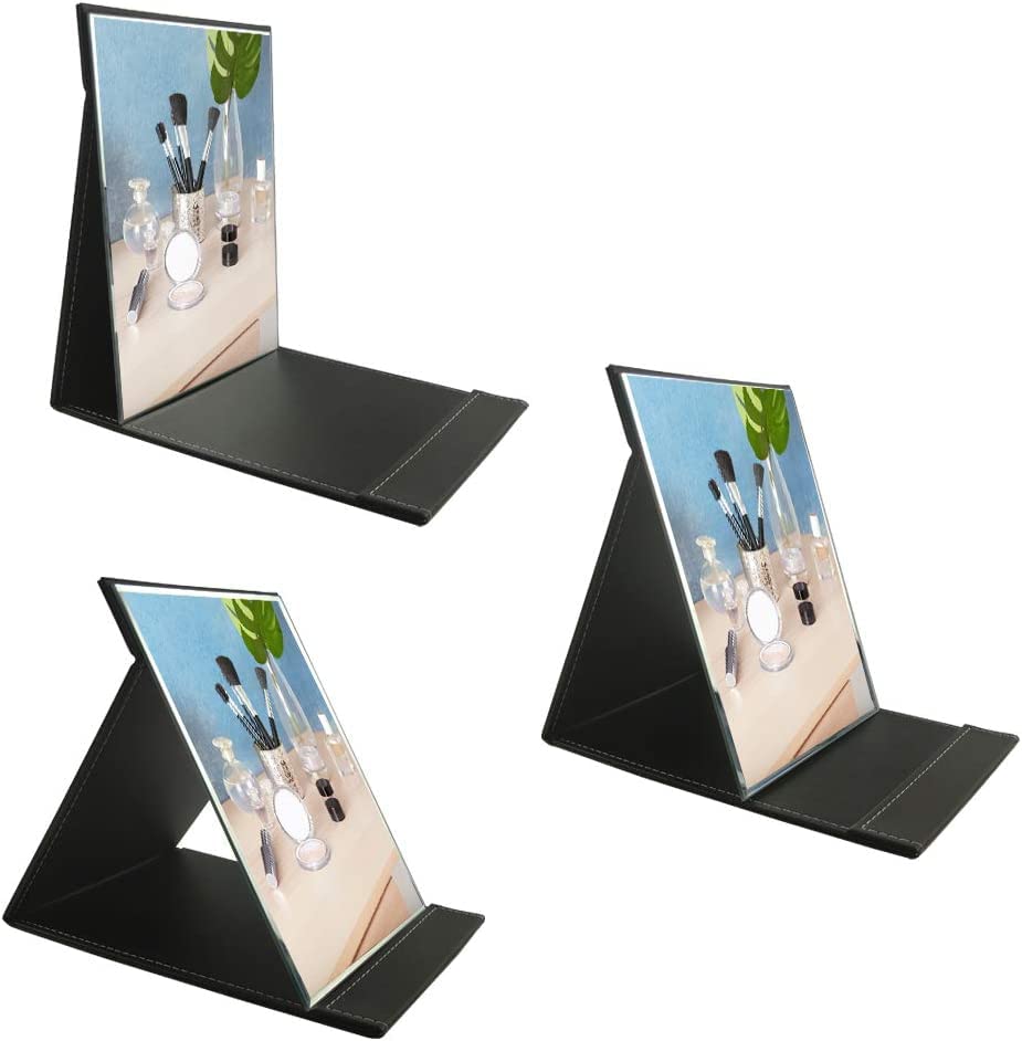 NAIDEV Hexagonal Framed Glass Makeup Mirror with PU Leather Case - Portable Folding Vanity Mirror for Travel, Home & Office - Perfect for Shaving, Makeup & Beauty Gifts (Black, Tabletop Mount)