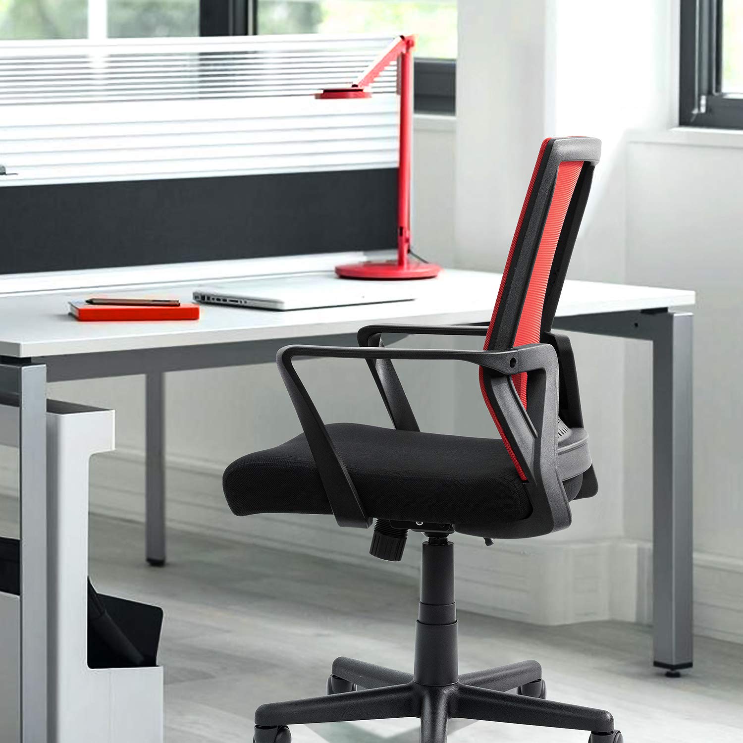 Furniwell Ergonomic Office Chair - Mid Back Mesh Computer Desk Chair with Adjustable Lumbar Support & Armrests - Modern Swivel Task Chair for Home Office (Red) | Perfect for Long Work Hours & Gaming Sessions