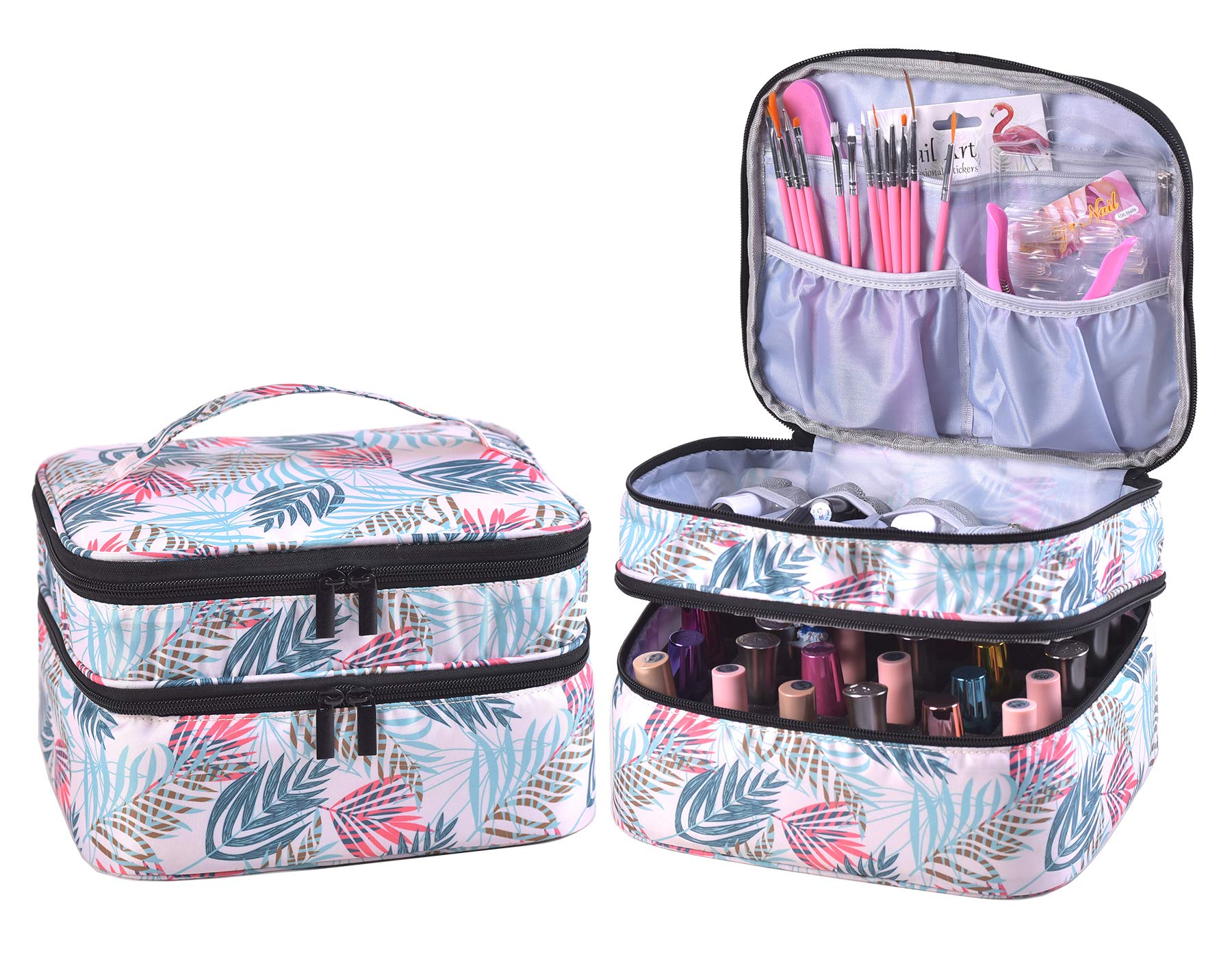 30 Bottles Double Layer Nail Polish Organizer Case with Handle - Portable Nail Varnish Storage Bag for Salon & Travel - Perfect for Nail Technicians & DIY Manicures at Home (Leaf Design)