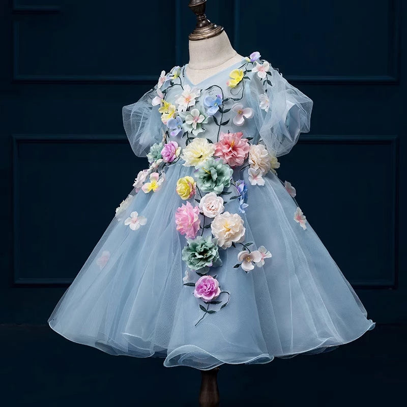Blue Princess V-Neck Tea-Length Tulle Flower Girl Dress for Weddings, Parties & Special Occasions