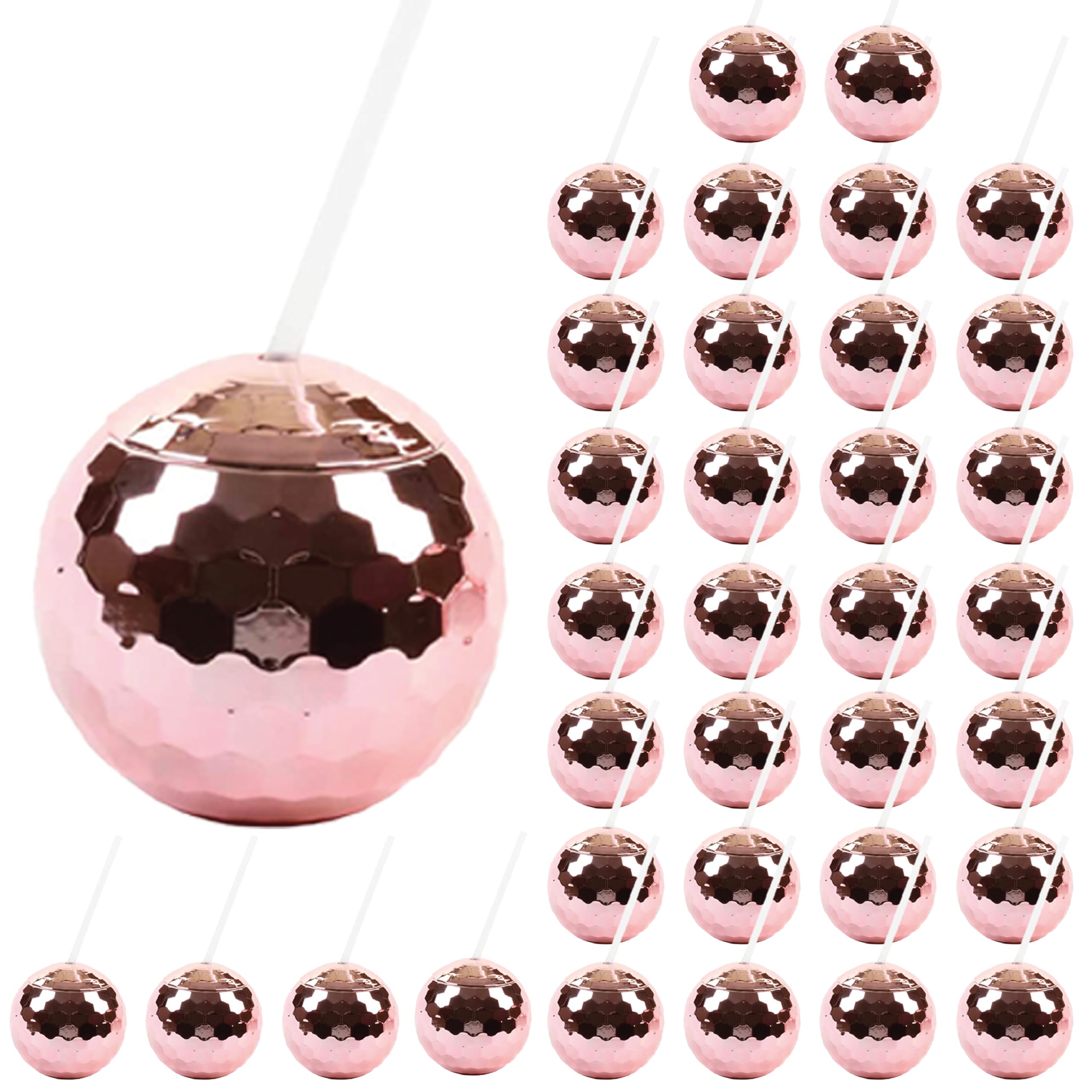 Andaz Press 1970s Disco Ball 19 oz Stainless Steel Tumbler with Lid and Straw - Rose Gold Pink Champagne Copper (32-Pack) - Perfect for Parties, Weddings, and Retro Themed Events