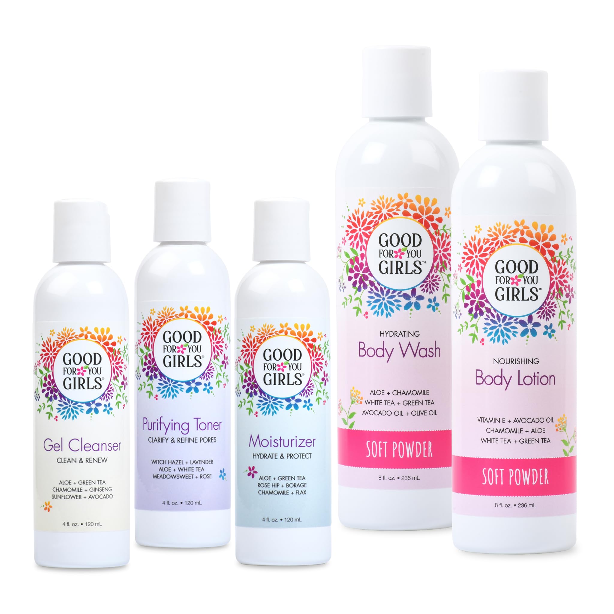 Good For You Girls Face & Body Skincare Gift Set - 5 Piece Kit with Gel Cleanser, Purifying Toner, Moisturizer, Body Wash & Lotion (Soft Powder Scent) - Perfect for Teens, Travel & Daily Skincare Routine