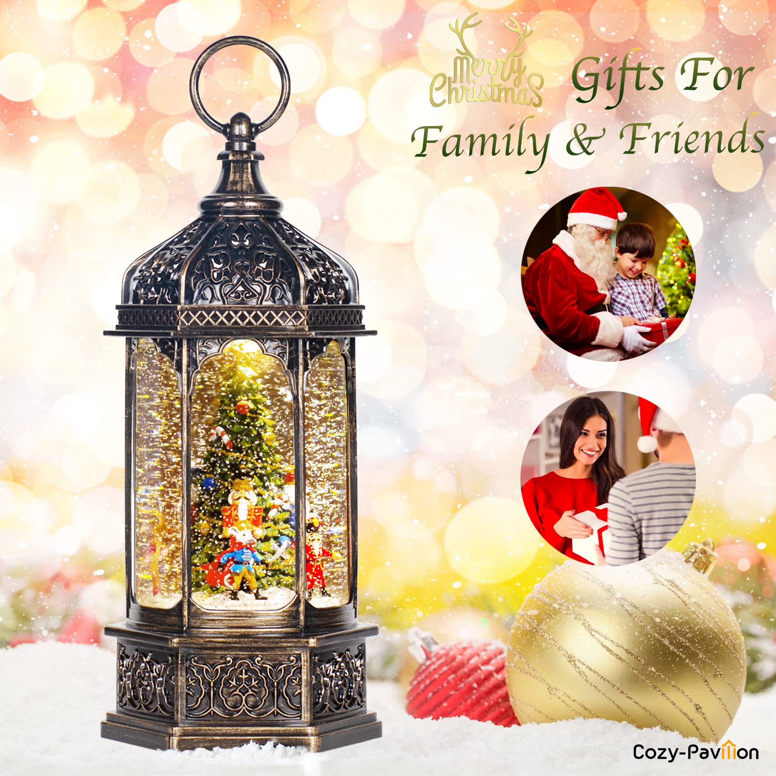 Christmas Snow Globes Musical Lantern with Timer - 12.7'' Rotating Nutcracker Figures & Swirling Glitter - Holiday Home Decor, Gift for Friends - Perfect for Christmas Tree Ornaments, Mantel Decorations & Winter Wonderland Displays