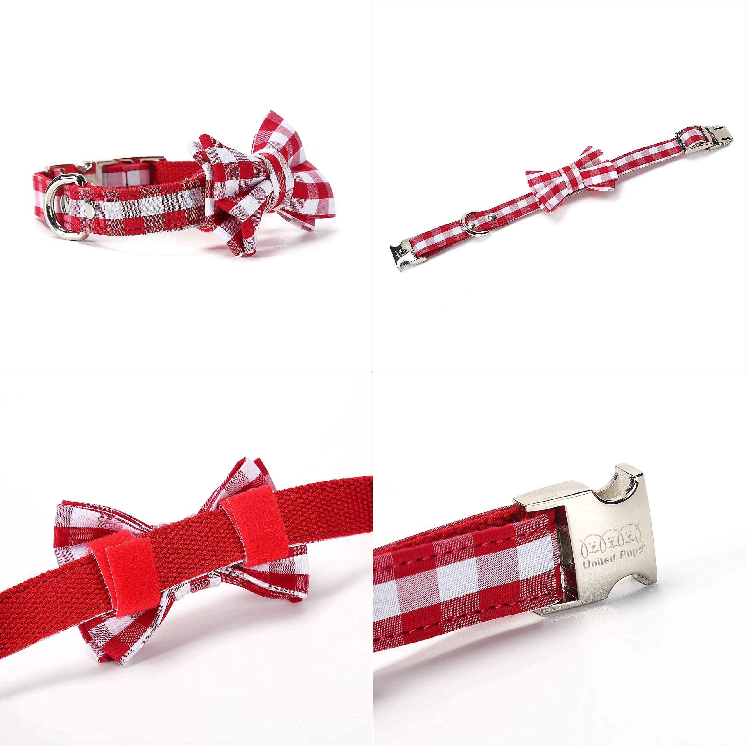 United Pups Red Gingham Plaid Dog Collar with Bow Tie & Leash Set - Adjustable Medium Size for Small to Medium Dogs | Perfect for Holidays, Weddings & Photo Shoots