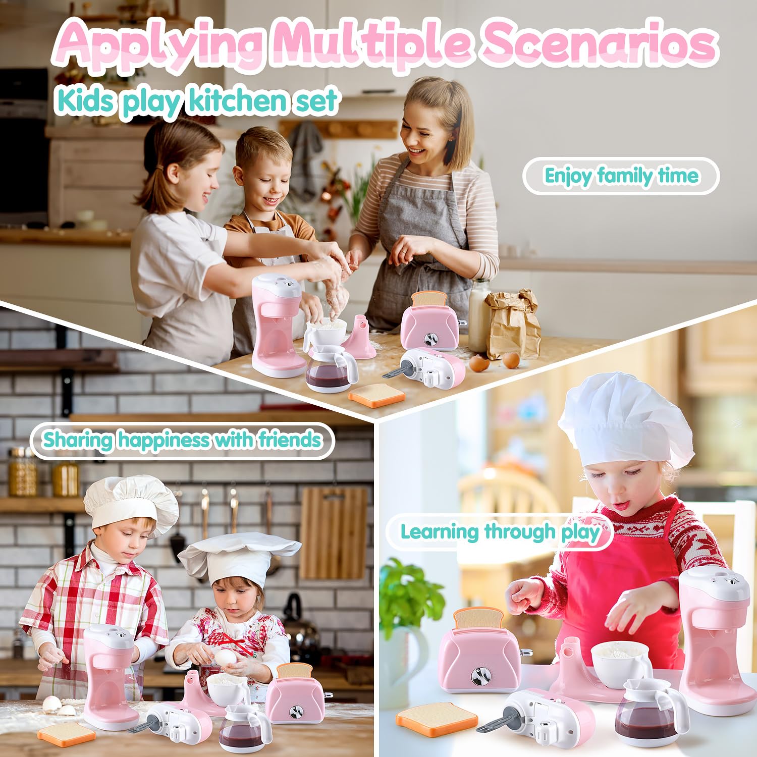 **Realistic Kids Play Kitchen Set with Coffee Maker, Mixer & Toaster - Pretend Cooking Toys for Ages 3-8, Light & Sound Effects - Perfect Gift for Girls & Boys - Fun for Role Play & Early Learning**