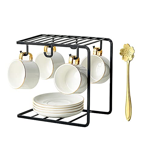 Premium Porcelain Coffee Cups with Saucers Set - 8.1 Oz Elegant Tea Cups with Gold Trim & Cup Holder, Set of 4 (Includes Free Spoon) - Perfect for Home, Kitchen, Cafe & Tea Party Gatherings - Classic White Ceramic Tea Set for Afternoon Tea, Bridal Showers & Hostess Gifts
