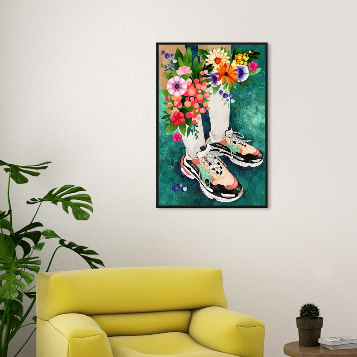 Stylish Floral Sneakers & Socks Set with Modern Green Canvas Wall Art - Perfect for Bedroom Decor and Casual Outfits