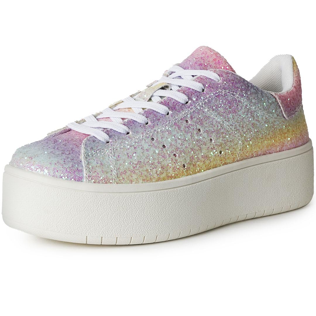 J.Adams Women's Hero Platform Sneakers - Fashion Casual Lace Up Tennis Shoes with Rainbow Glitter - Size 10 - Perfect for Streetwear, Gym & Everyday Comfort