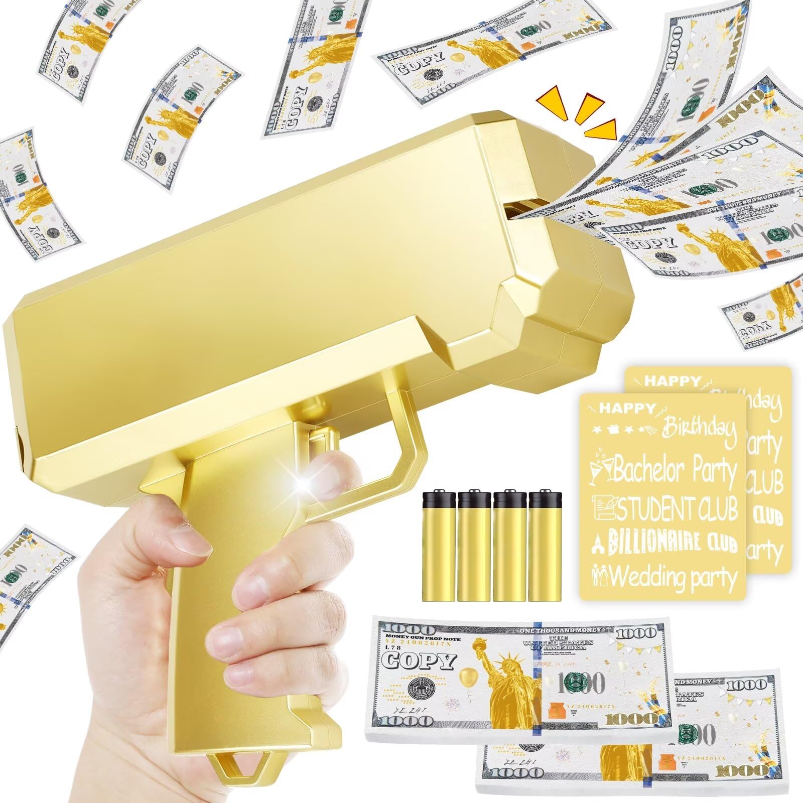 Gold Money Gun Shooter Toy - 201 PCS Fake Money Props with 5 Style Stickers & 4 AA Batteries Included | Handheld Money Thrower for Party Supplies, Birthday Celebrations & Bachelorette Events | Non-Functional Fake Gun for Make It Rain Theme Parties