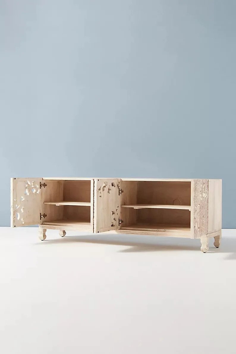 Handmade Hardwood Lotus Flower Media Console Table - Warm White Finish for Living Room, Bedroom & Home Decor