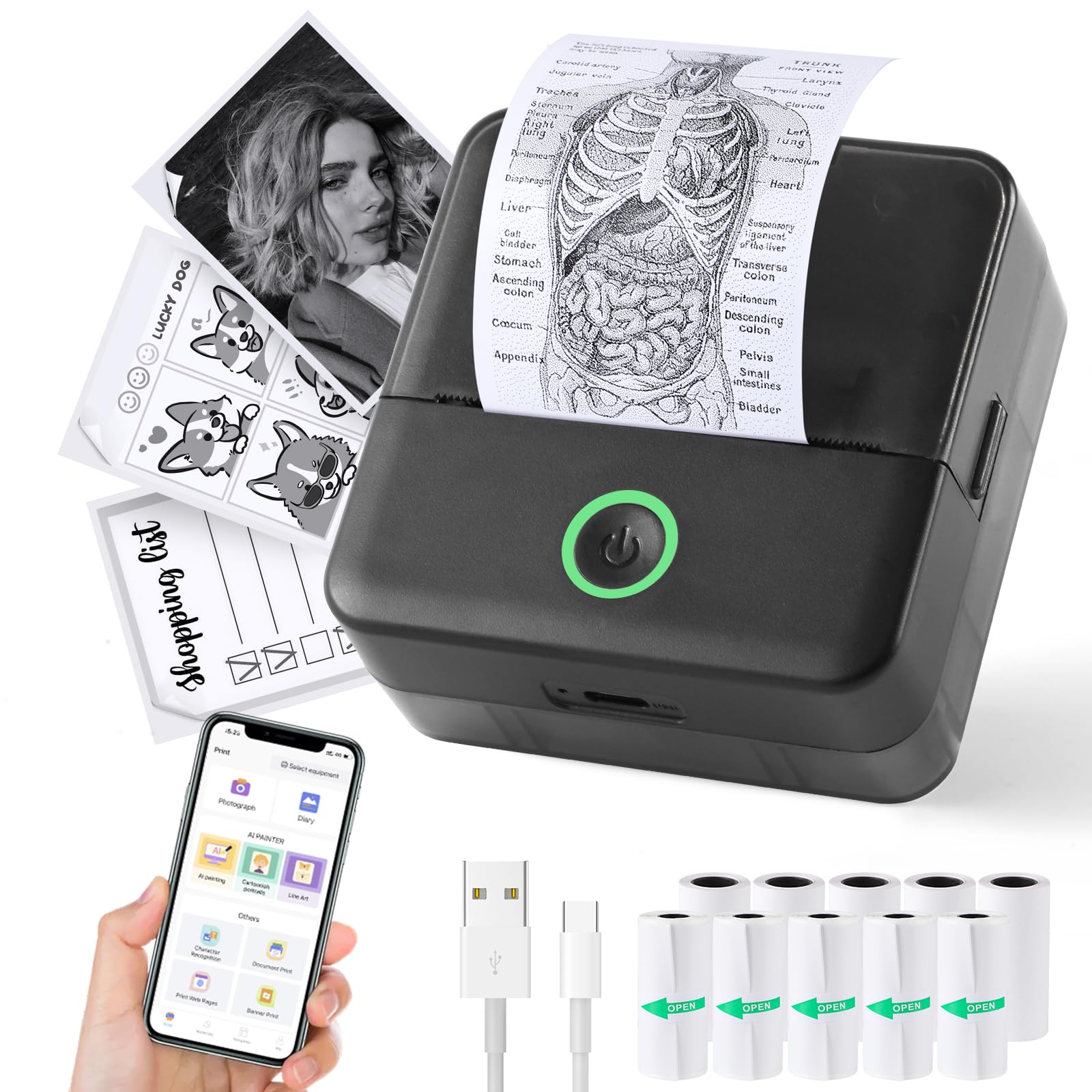 Print Pods Mini Printer - Portable Thermal Inkless Sticker Maker with 10 Rolls Paper for iPhone & Android | Perfect for Notes, Flashcards, Journaling, DIY Crafts, and School Projects | Wireless Pocket Printer for Instant Printing on the Go