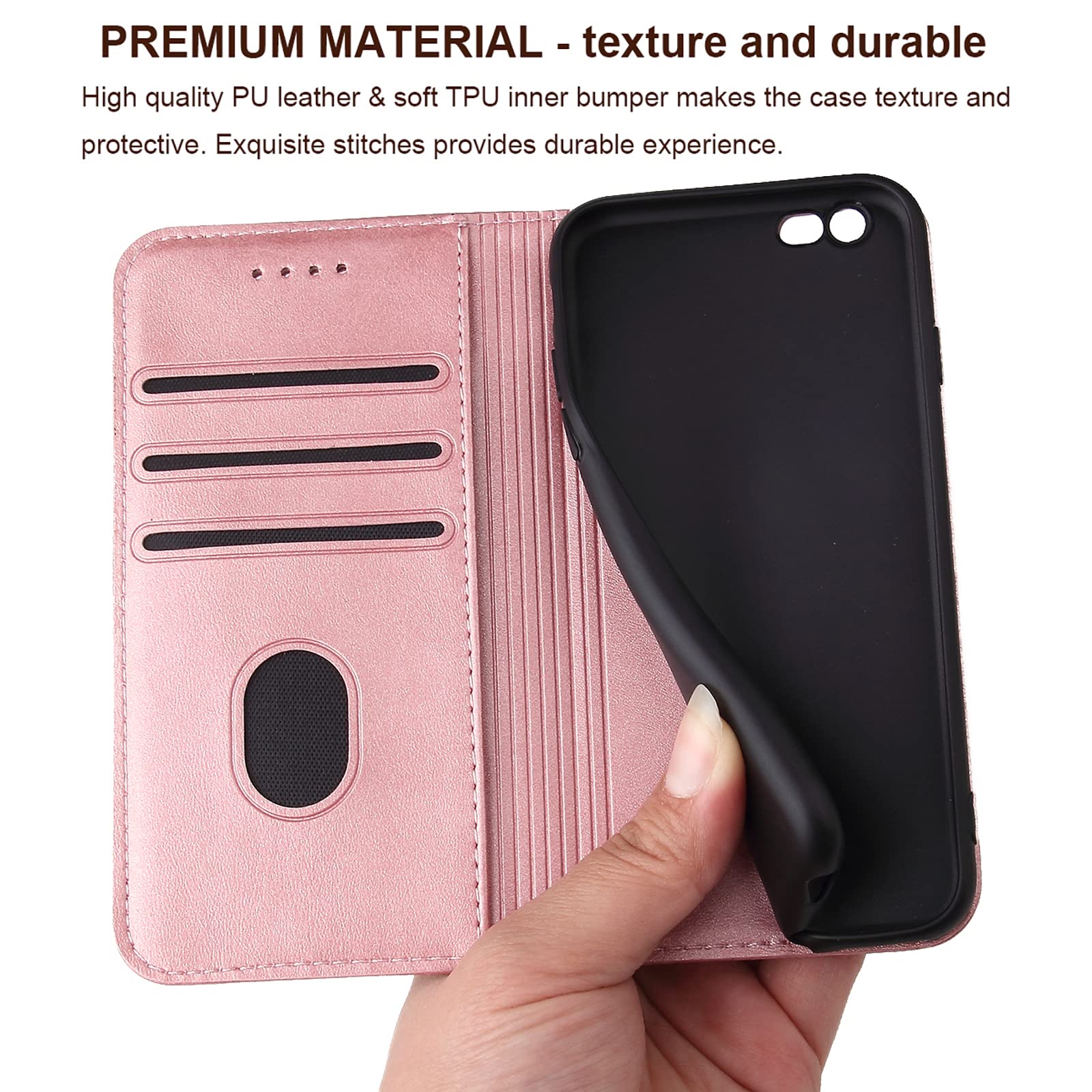 Premium PU Leather Wallet Case with Card Holder & Kickstand for iPhone 7/8/SE (2020/2022) - Magnetic Flip Folio Cover in Rose Gold | Perfect for Work, Travel & Everyday Protection
