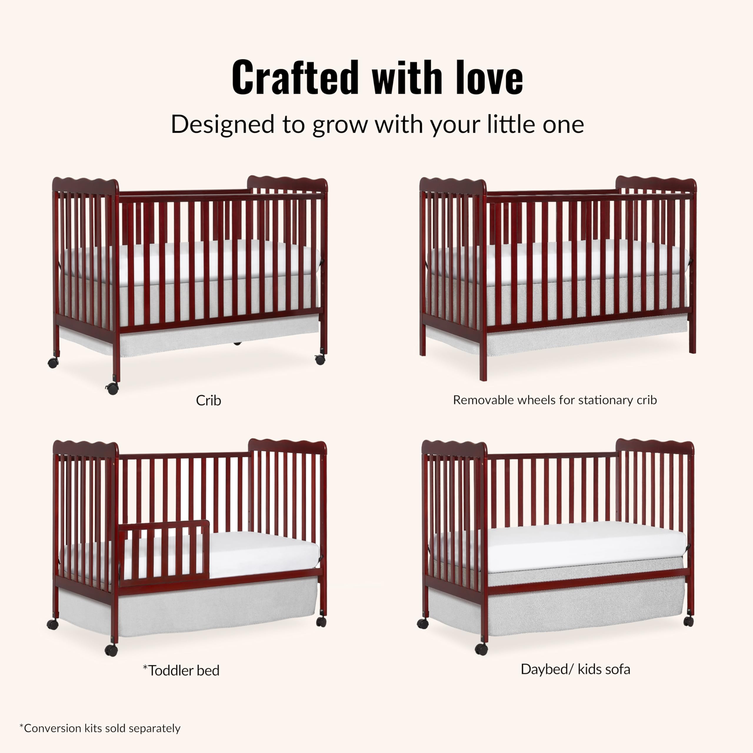 Dream On Me Carson Classic 3-in-1 Convertible Crib - Cherry GreenGuard Gold & JPMA Certified Baby Crib with Locking Wheels | Converts to Toddler Daybed & Kids Sofa | Safe Nursery Furniture for Newborns & Toddlers | Perfect for Baby Rooms, Daycare Centers & Guest Rooms