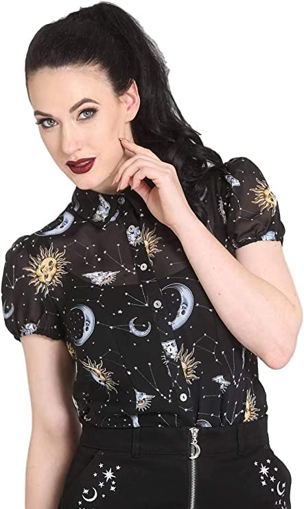 Hell Bunny Solaris Sun Moon Stars Gothic Wicca Chiffon Blouse - Vintage Boho Witchy Top for Women (XS-4XL) | Perfect for Halloween, Steampunk & Pagan Festivals
