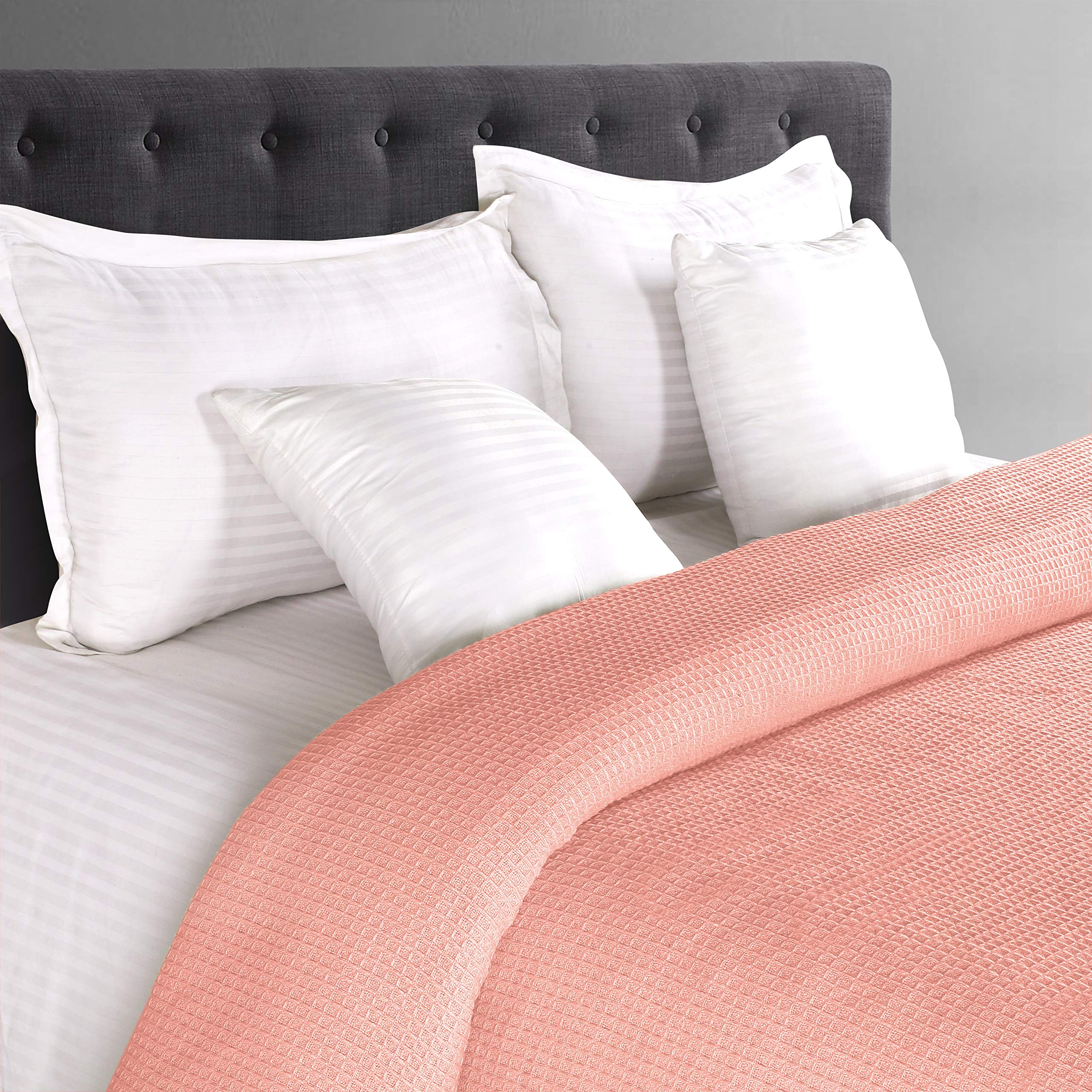GLAMBURG 100% Cotton Waffle Weave Thermal Blanket - Queen Size All Season Soft Breathable Bed Blanket for Home, Hotel & Travel - Peach Color