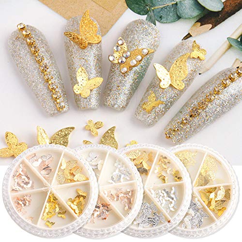 4 Boxes Rose Gold & Silver 3D Butterfly Nail Studs - Nail Art Decorations for Nail Salon & DIY Manicure - Perfect for Wedding, Party & Special Occasion Nails