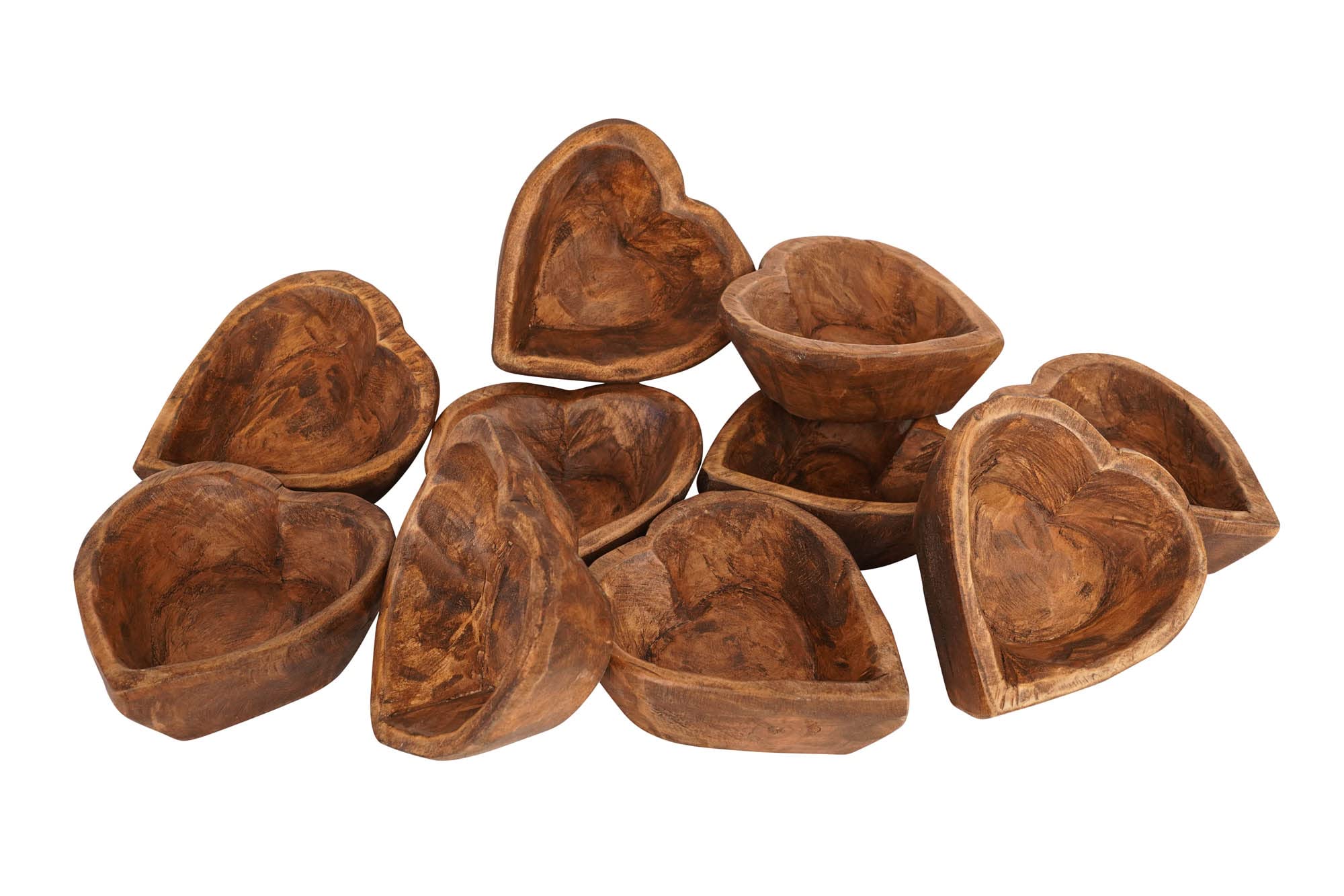 Hand Carved Mini Heart Shaped Wooden Bowls Set of 10 - Natural Stained Wooden Dish for Candles, Jewelry & Home Decor - Perfect for Valentine's Gift, Wedding Favors & Table Centerpieces