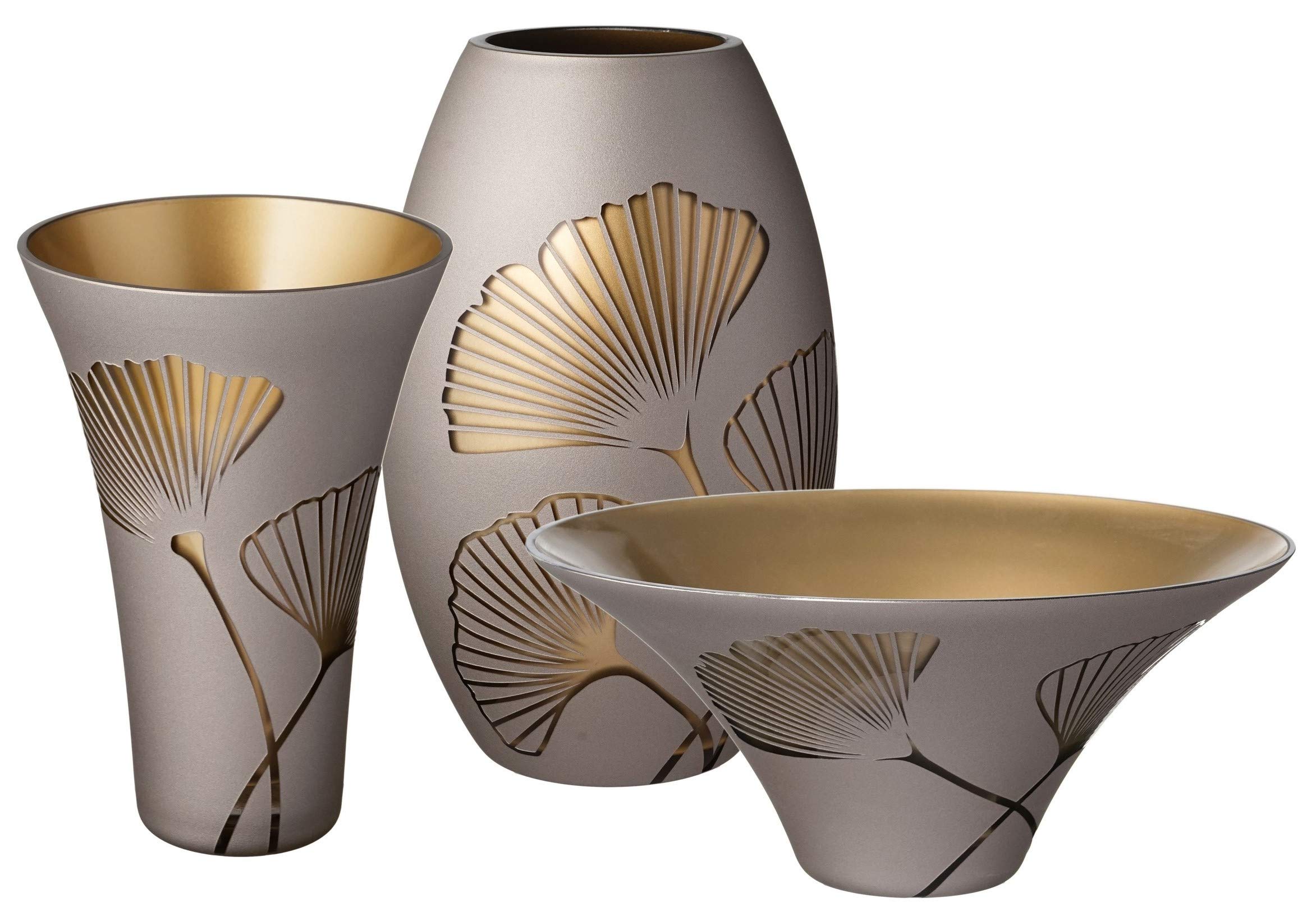Golden Glass Vase with Etched Gold Ginkgo Leaves - Handcrafted Mouth-Blown Thick Glass Vase for Wedding Centerpiece, Home Decor, Anniversary Gift - Elegant 9.1 Inch (23 cm) Vase in Luxury Gift Box - Perfect for Dining Table, Living Room & Special Occasions